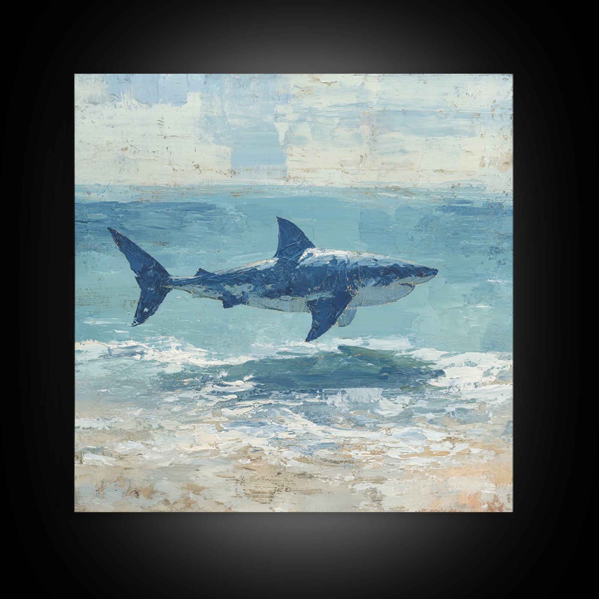 Shark Silhouette in Deep Blue Light Framed Canvas Print, Marine Life Art, Tropical Wall Art, Living Room Decor, Abstract Art, MLA-1x1-84