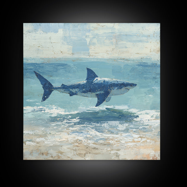 Shark Silhouette in Deep Blue Light Framed Canvas Print, Marine Life Art, Tropical Wall Art, Living Room Decor, Abstract Art, MLA-1x1-84