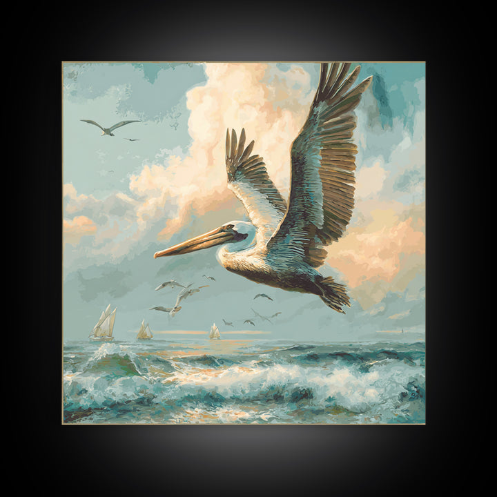 Pelican Diving Toward Fish Near Surface Canvas Print, Marine Life Art, Marine Life, Living Room Decor, Oil Painting, Marine, MLA-1x1-95
