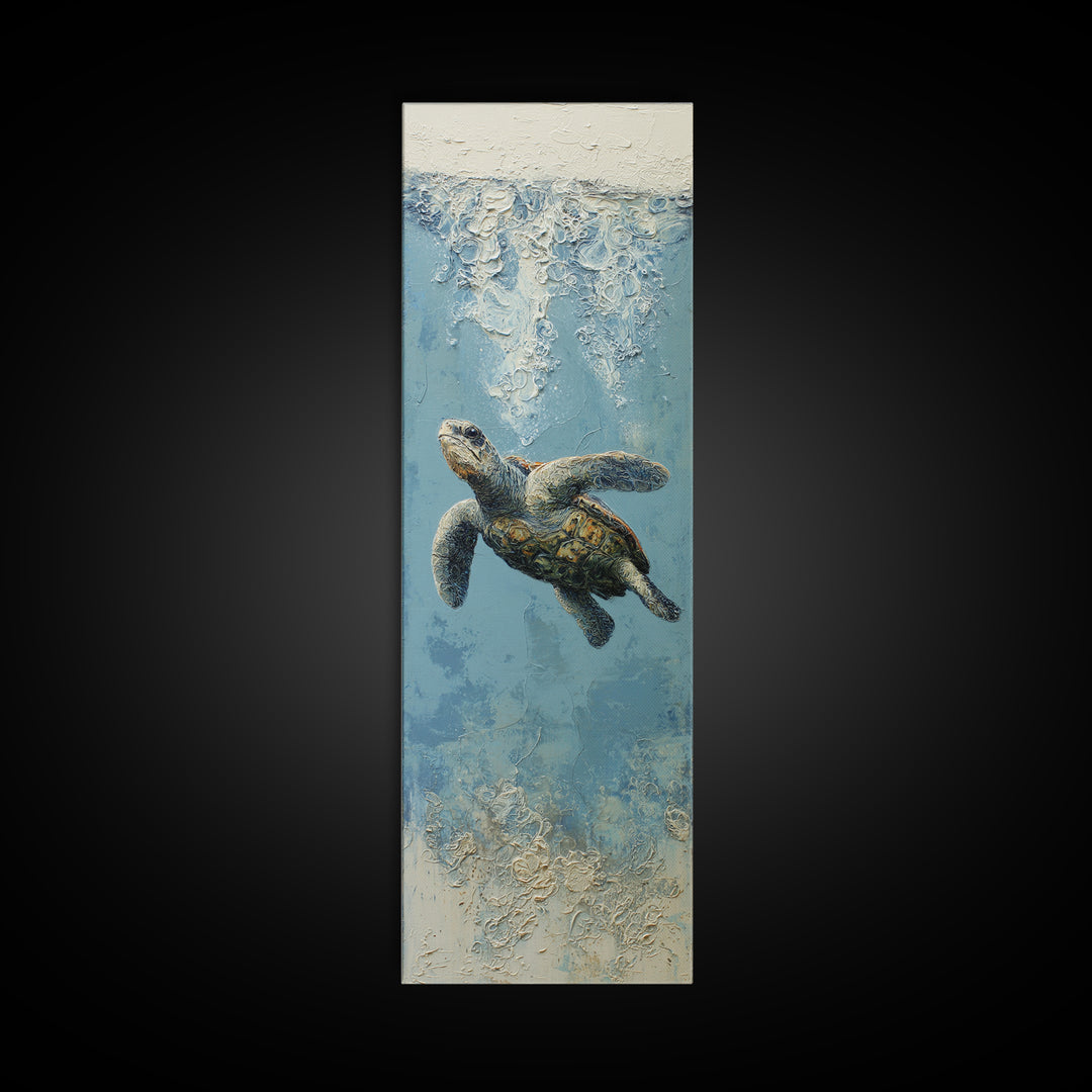 Bioluminescent Plankton Around Swimming Turtle Canvas Print, Marine Life Art, Fish Wall Art, Living Room Decor, Oil Painting, MLA-1x3-12