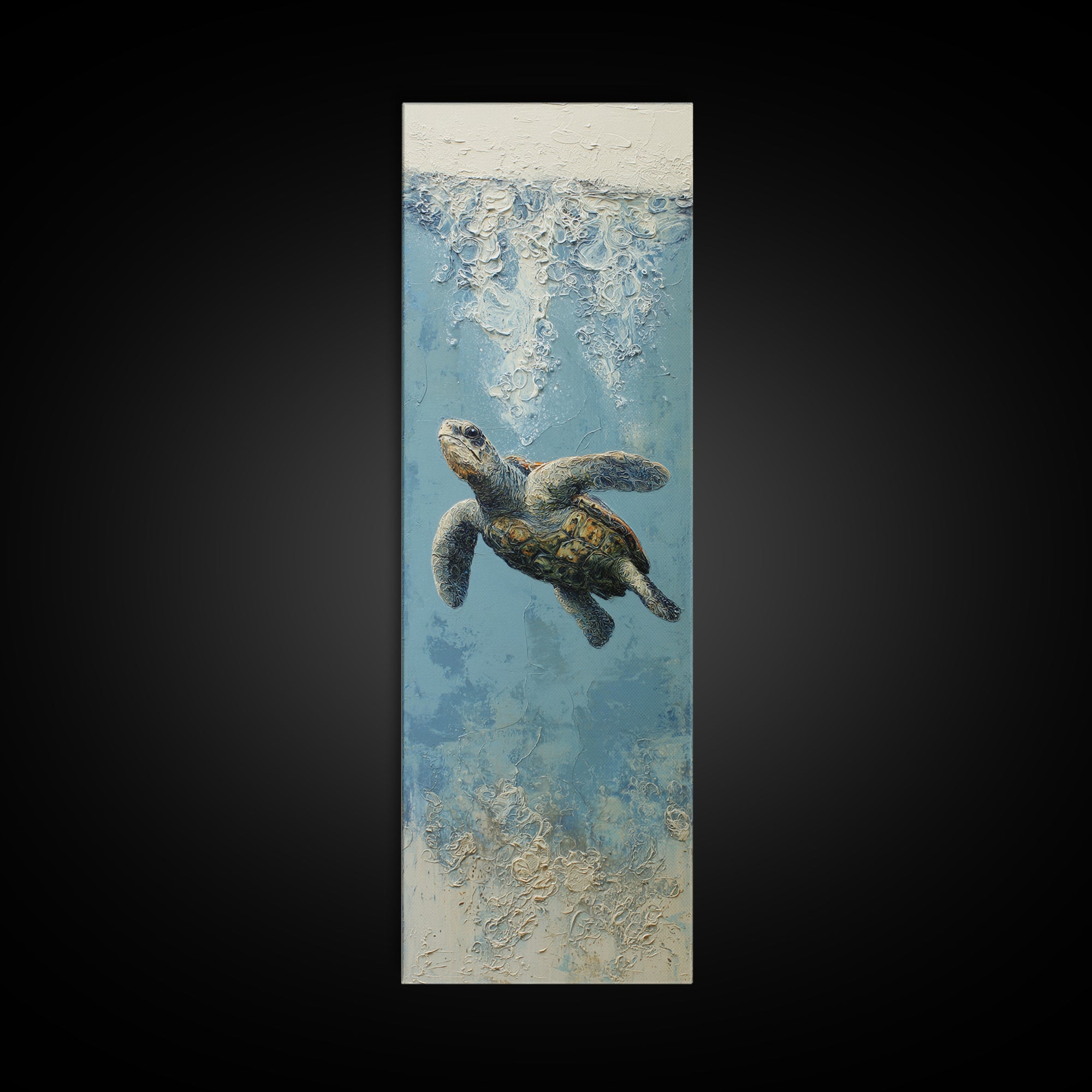 Bioluminescent Plankton Around Swimming Turtle Canvas Print, Marine Life Art, Fish Wall Art, Living Room Decor, Oil Painting, MLA-1x3-12