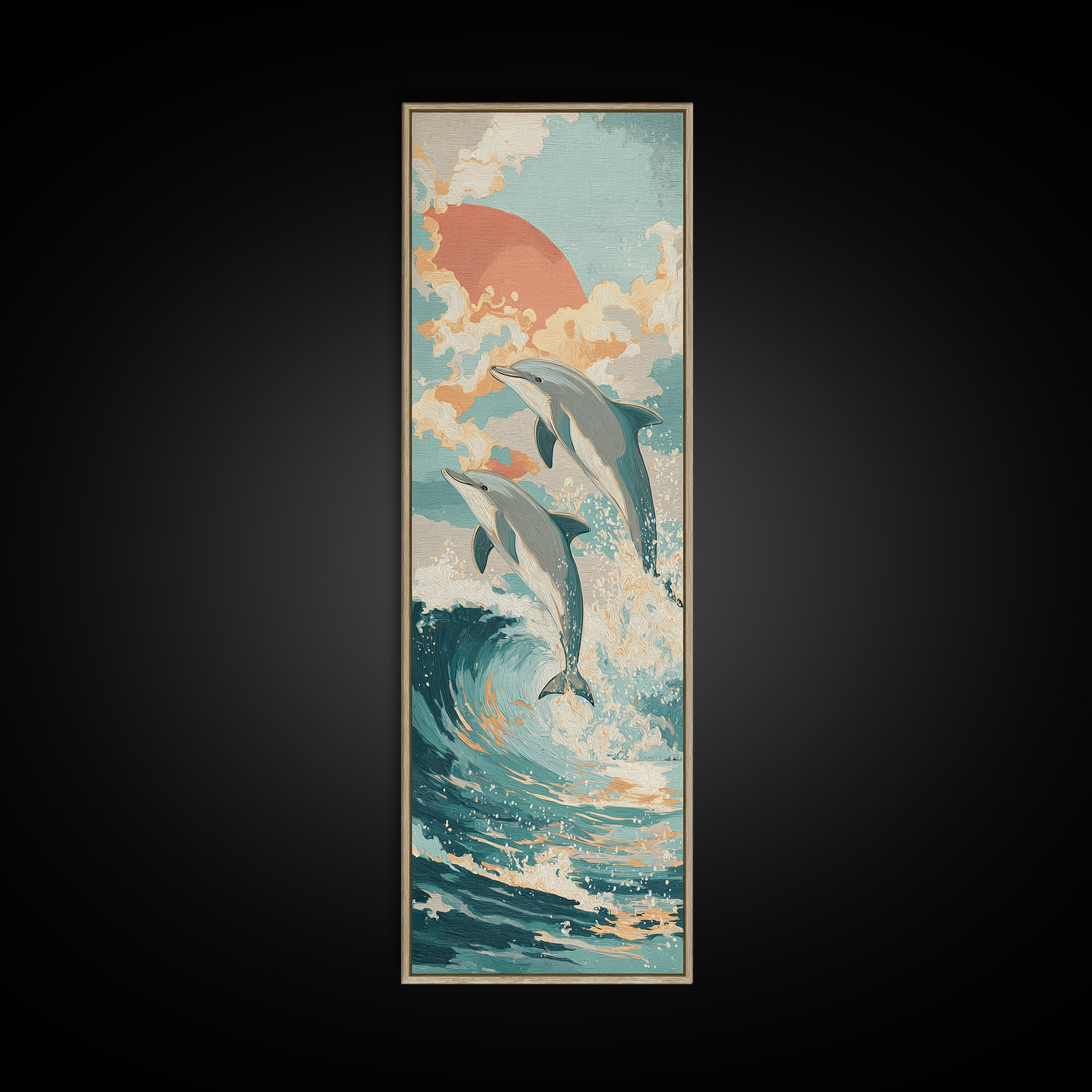 Dolphins Leaping Through Sunlit Waves Canvas Print, Marine Life Art, Wall Decor, Living Room Decor, Fine Art, Marine, MLA-1x3-43