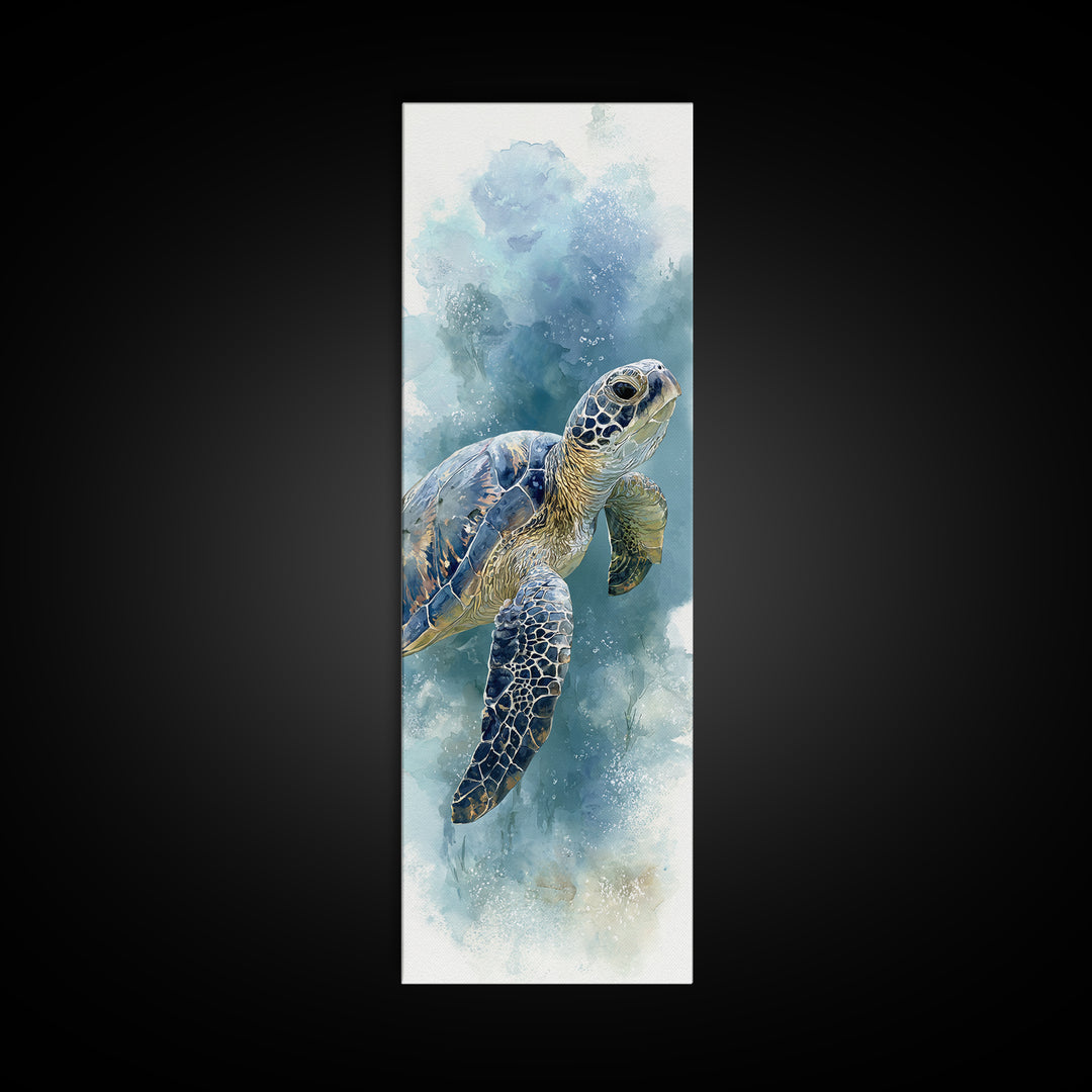 Sea Turtle Gliding Through Clear Blue Water Framed Canvas Print, Marine Life Art, Ocean Painting, Living Room Decor, Marine, MLA-1x3-61