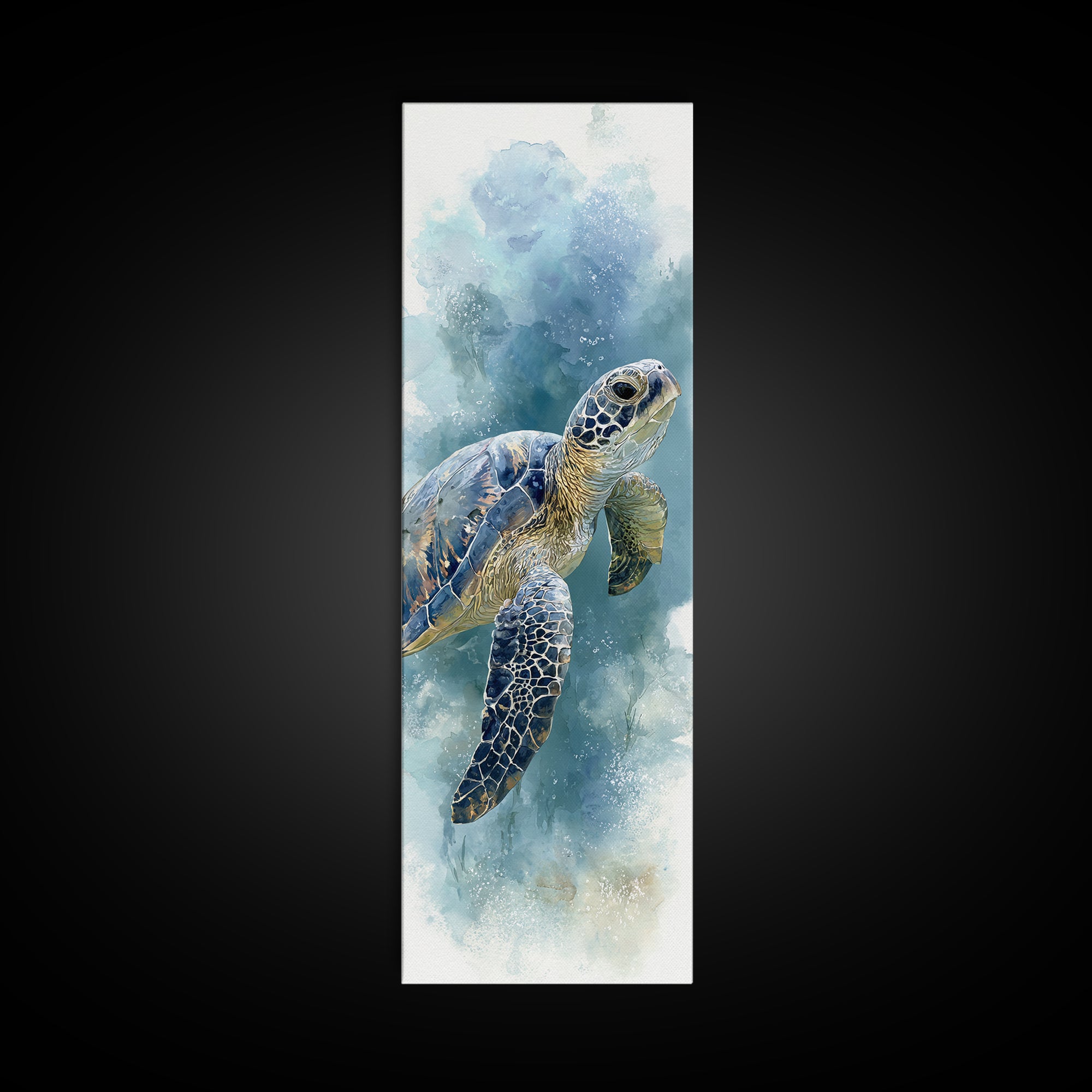 Sea Turtle Gliding Through Clear Blue Water Framed Canvas Print, Marine Life Art, Ocean Painting, Living Room Decor, Marine, MLA-1x3-61