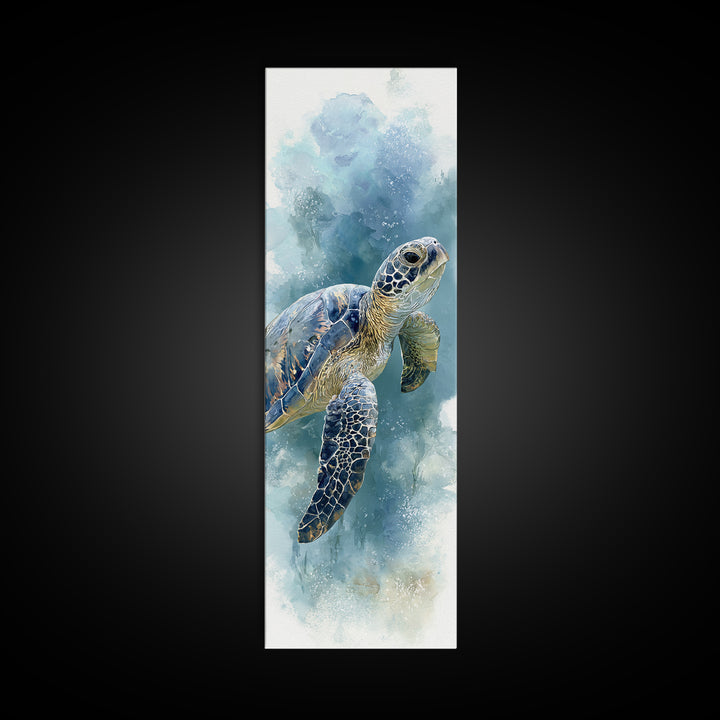 Sea Turtle Gliding Through Clear Blue Water Framed Canvas Print, Marine Life Art, Ocean Painting, Living Room Decor, Marine, MLA-1x3-61
