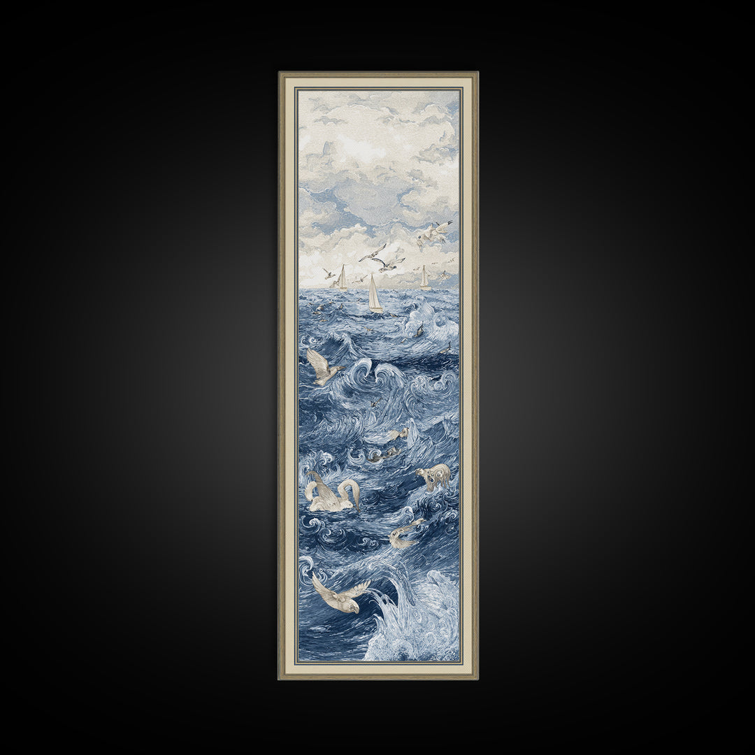 Squid in a Mysterious Midnight Sea Framed Canvas Print, Marine Life Art, Room Decor, Living Room Decor, Fine Art, Marine, MLA-1x3-79
