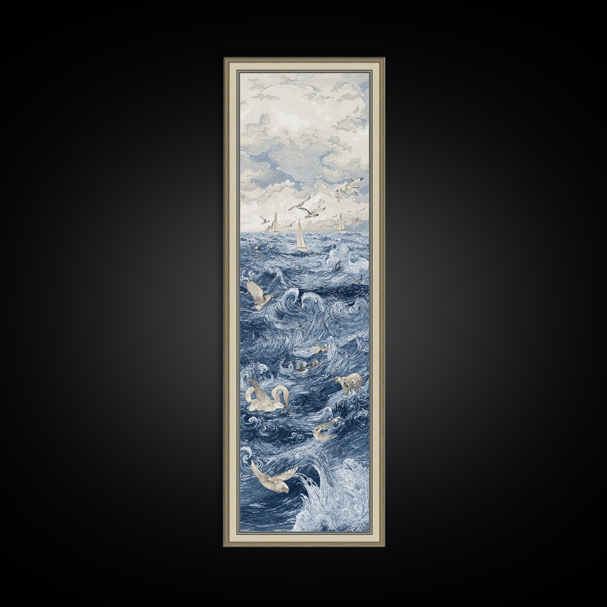 Squid in a Mysterious Midnight Sea Framed Canvas Print, Marine Life Art, Room Decor, Living Room Decor, Fine Art, Marine, MLA-1x3-79