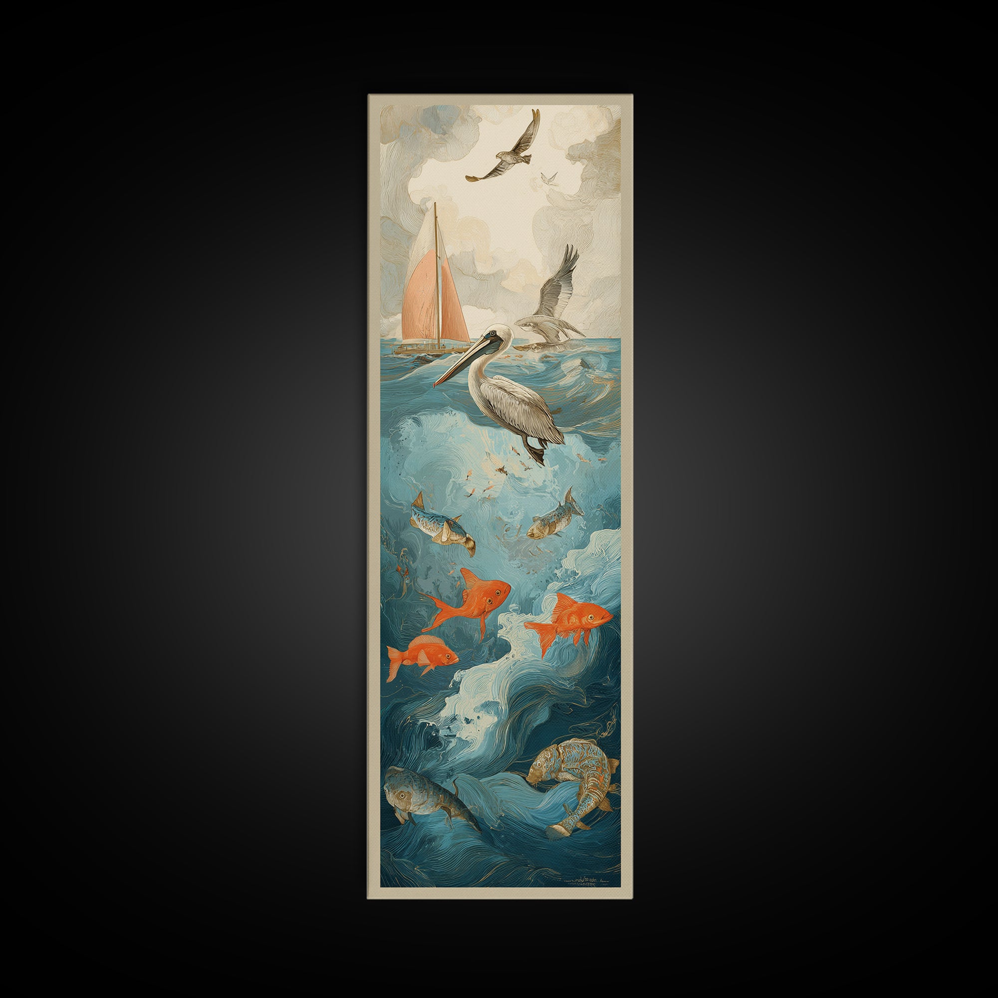 Pelican Diving Toward Fish Near Surface Framed Canvas Print, Marine Life Art, Textured Painting, Living Room Decor, Marine, MLA-1x3-83