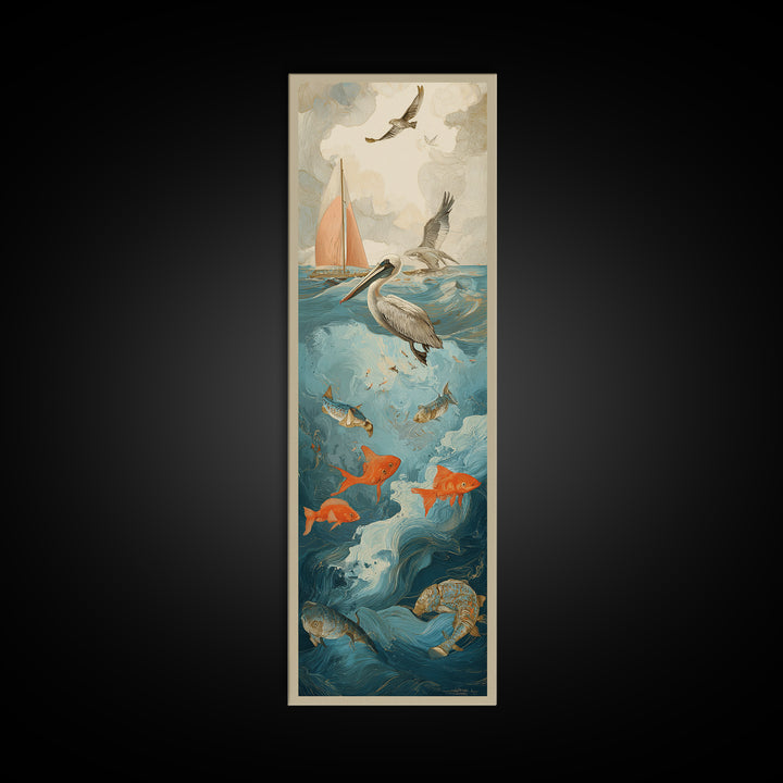 Pelican Diving Toward Fish Near Surface Framed Canvas Print, Marine Life Art, Textured Painting, Living Room Decor, Marine, MLA-1x3-83