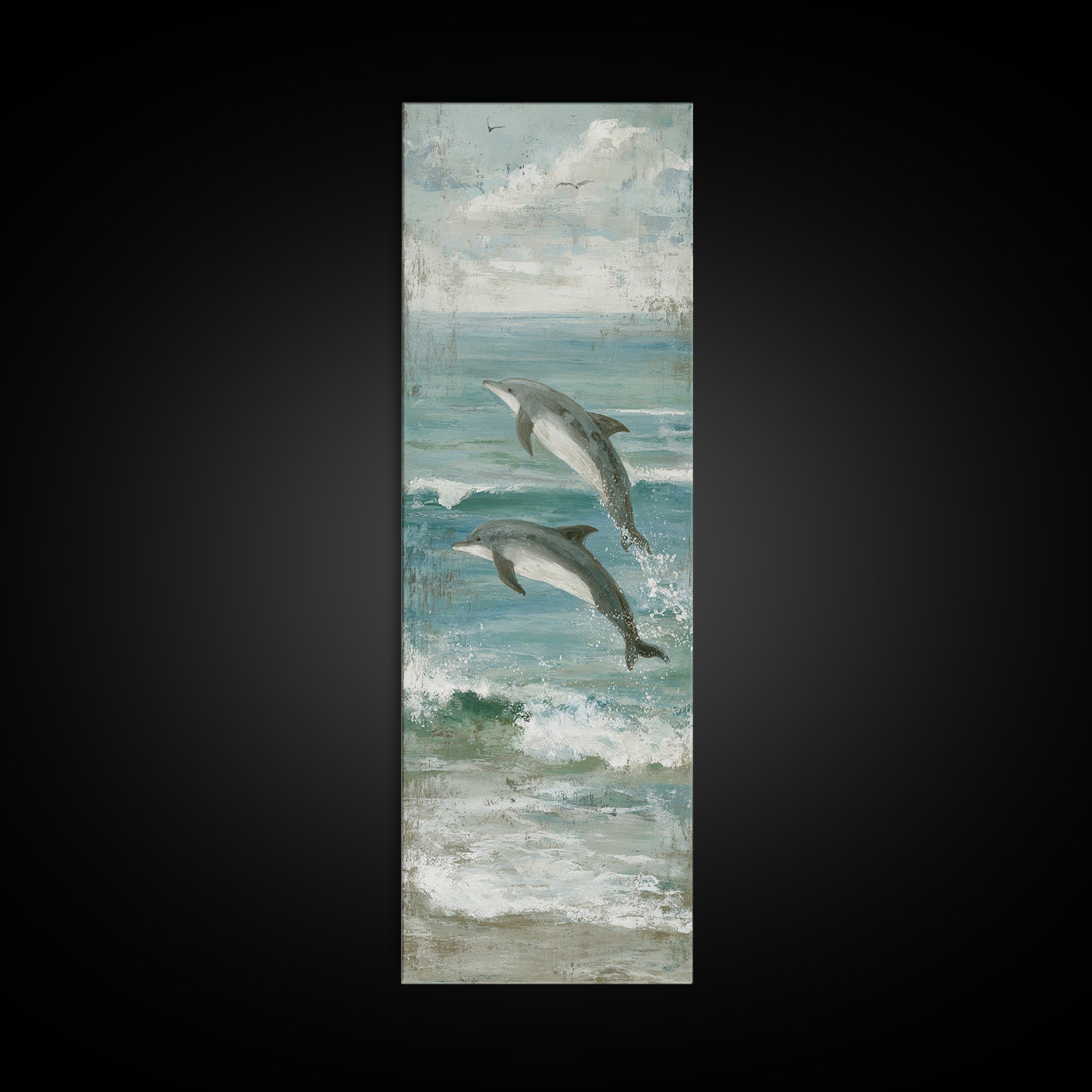 Dolphins Leaping Through Sunlit Waves Framed Canvas Print, Marine Life Art, Watercolor Art, Living Room Decor, Oil Painting, MLA-1x3-91