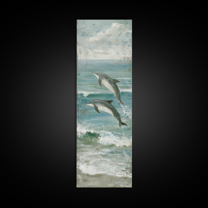 Dolphins Leaping Through Sunlit Waves Framed Canvas Print, Marine Life Art, Watercolor Art, Living Room Decor, Oil Painting, MLA-1x3-91