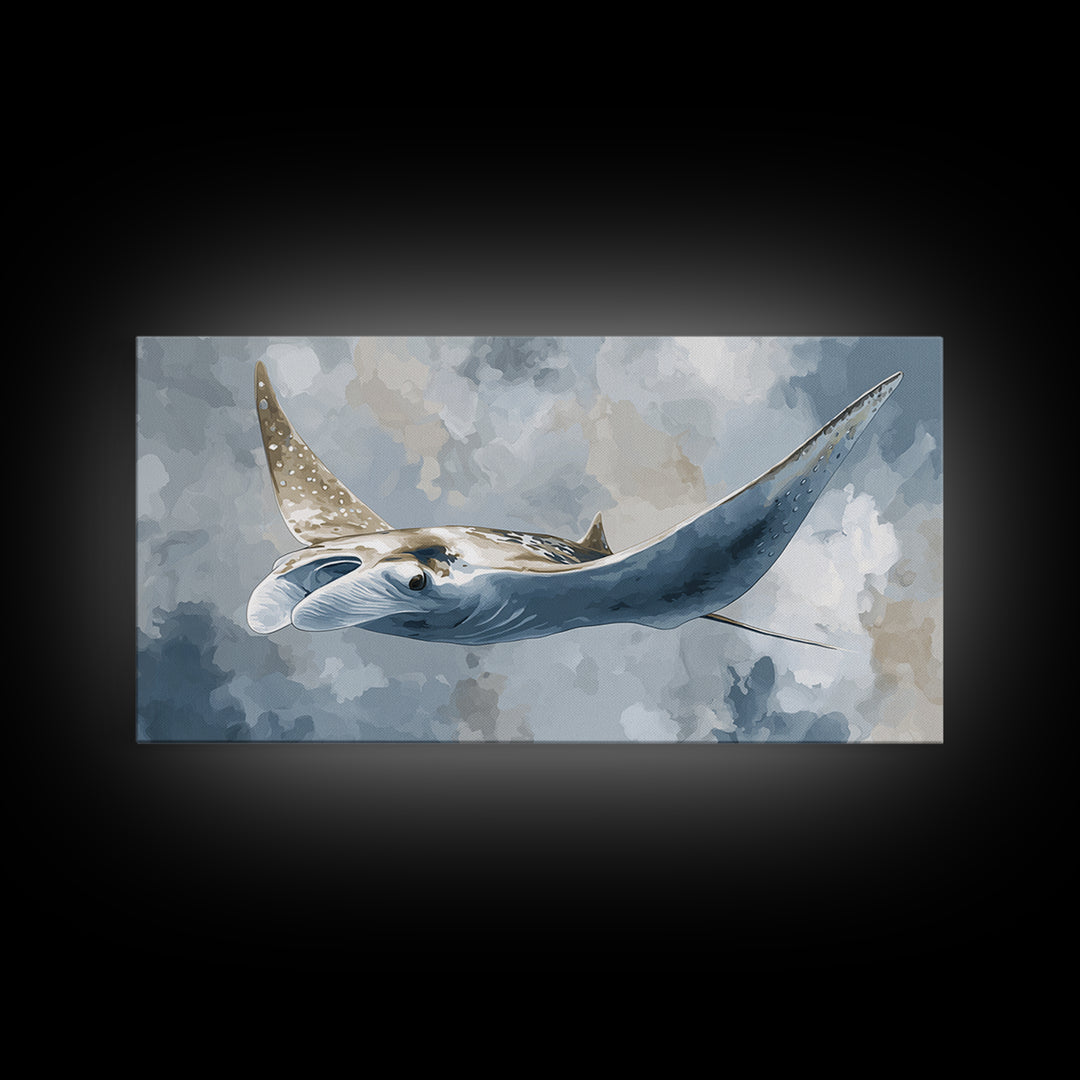 Manta Ray Flying Through Underwater Light Framed Canvas Print, Marine Life Art, Home Decor, Living Room Decor, Fine Art, Marine, MLA-2x1-10