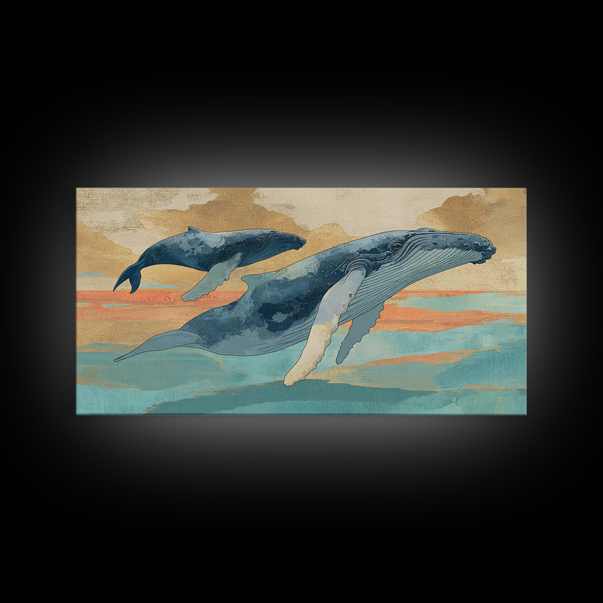 Humpback Whale and Calf Framed Canvas Print, Marine Life Art, Tropical Wall Art, Living Room Decor, Fine Art, Marine, MLA-2x1-14