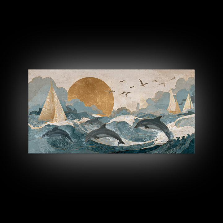 Dolphins Leaping Through Sunlit Waves Framed Canvas Print, Marine Life Art, Modern Art Print, Living Room Decor, Oil Painting, MLA-2x1-27