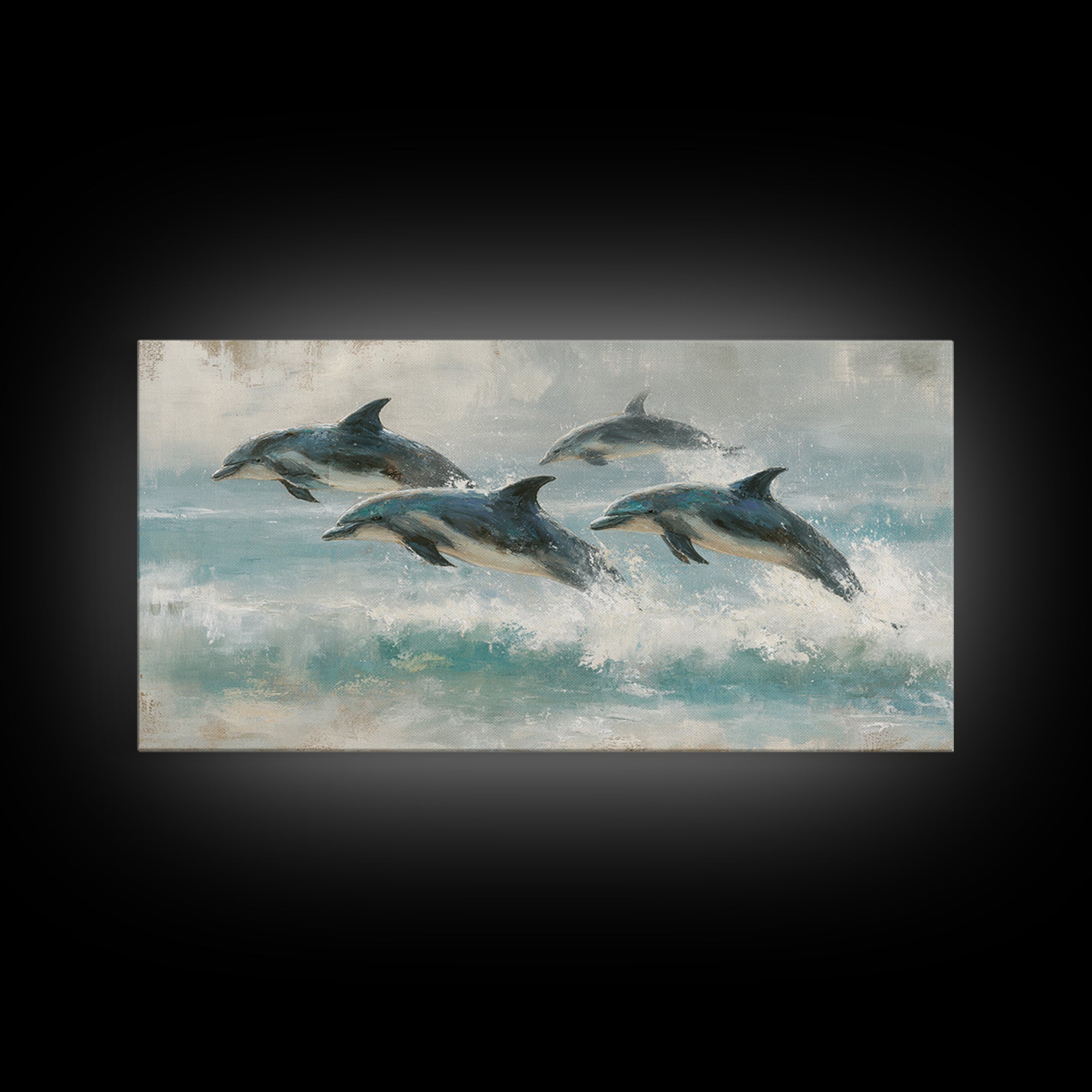 Dolphins Leaping Through Sunlit Waves Framed Canvas Print, Marine Life Art, Coastal Art, Living Room Decor, Fine Art, Marine, MLA-2x1-3