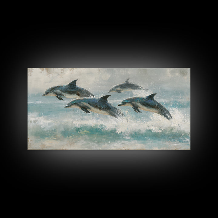 Dolphins Leaping Through Sunlit Waves Framed Canvas Print, Marine Life Art, Coastal Art, Living Room Decor, Fine Art, Marine, MLA-2x1-3