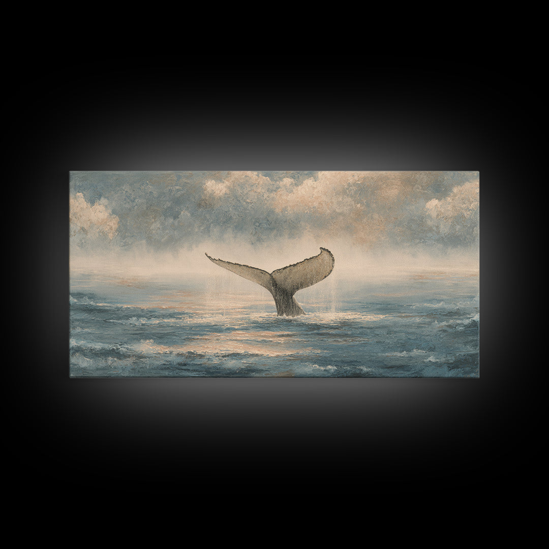 Whale Tail Rising from Misty Ocean Framed Canvas Print, Marine Life Art, Neutral Decor, Living Room Decor, Fine Art, Marine, MLA-2x1-46