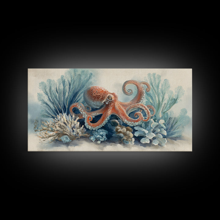 Octopus Curling Around Coral Canvas Print, Marine Life Art, Beach Decor, Living Room Decor, Oil Painting, Marine, Ocean Decor, MLA-2x1-47