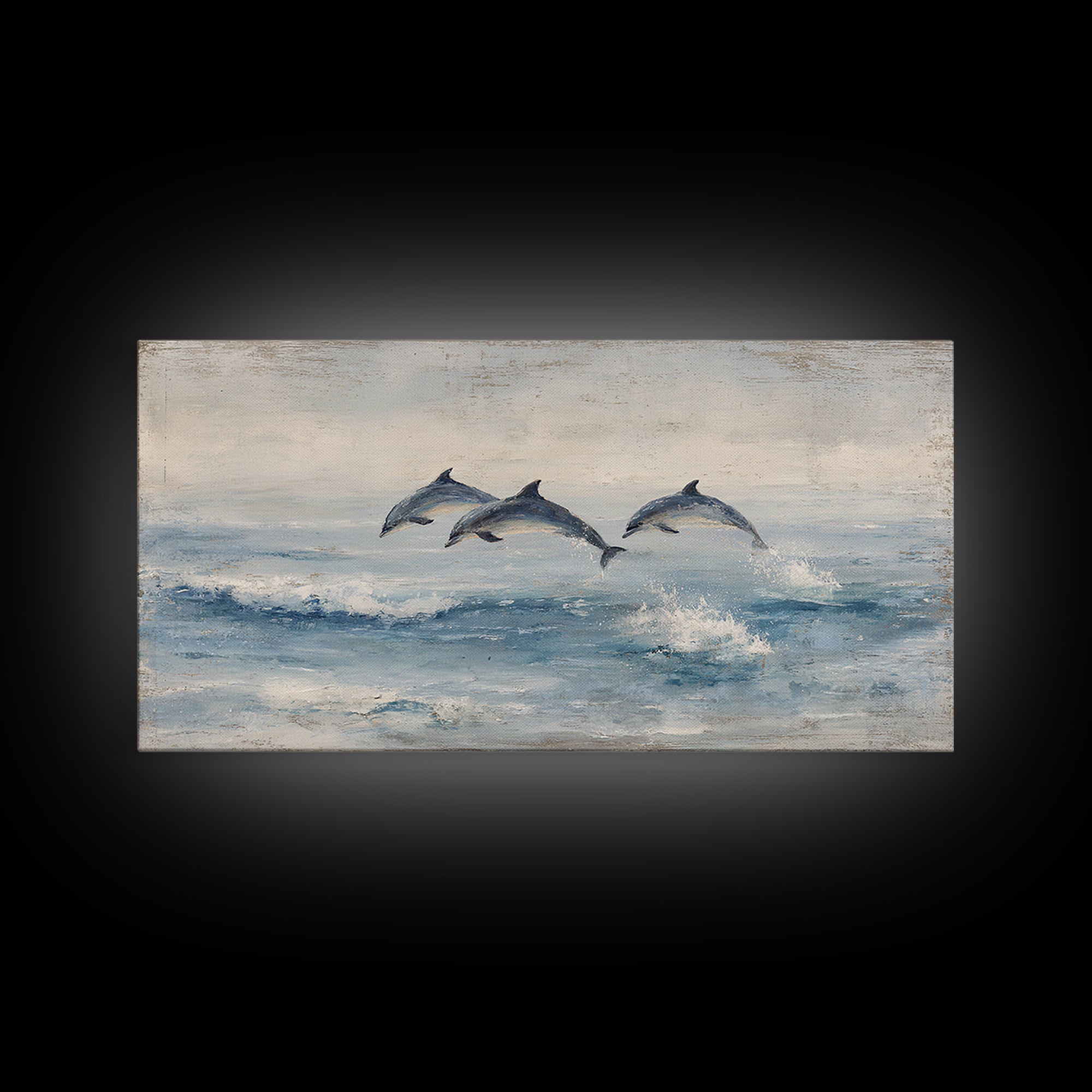 Dolphins Leaping Through Sunlit Waves Framed Canvas Print, Marine Life Art, Coastal Art, Living Room Decor, Watercolor Art, MLA-2x1-51