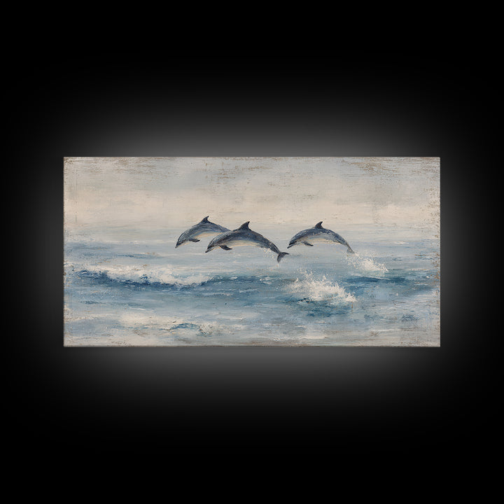 Dolphins Leaping Through Sunlit Waves Framed Canvas Print, Marine Life Art, Coastal Art, Living Room Decor, Watercolor Art, MLA-2x1-51