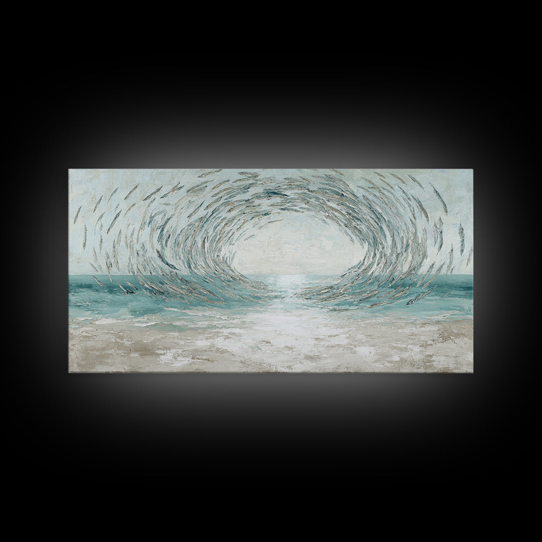 School of Fish Forming a Silver Spiral Framed Canvas Print, Marine Life Art, Coastal Art, Living Room Decor, Fine Art, Marine, MLA-2x1-72
