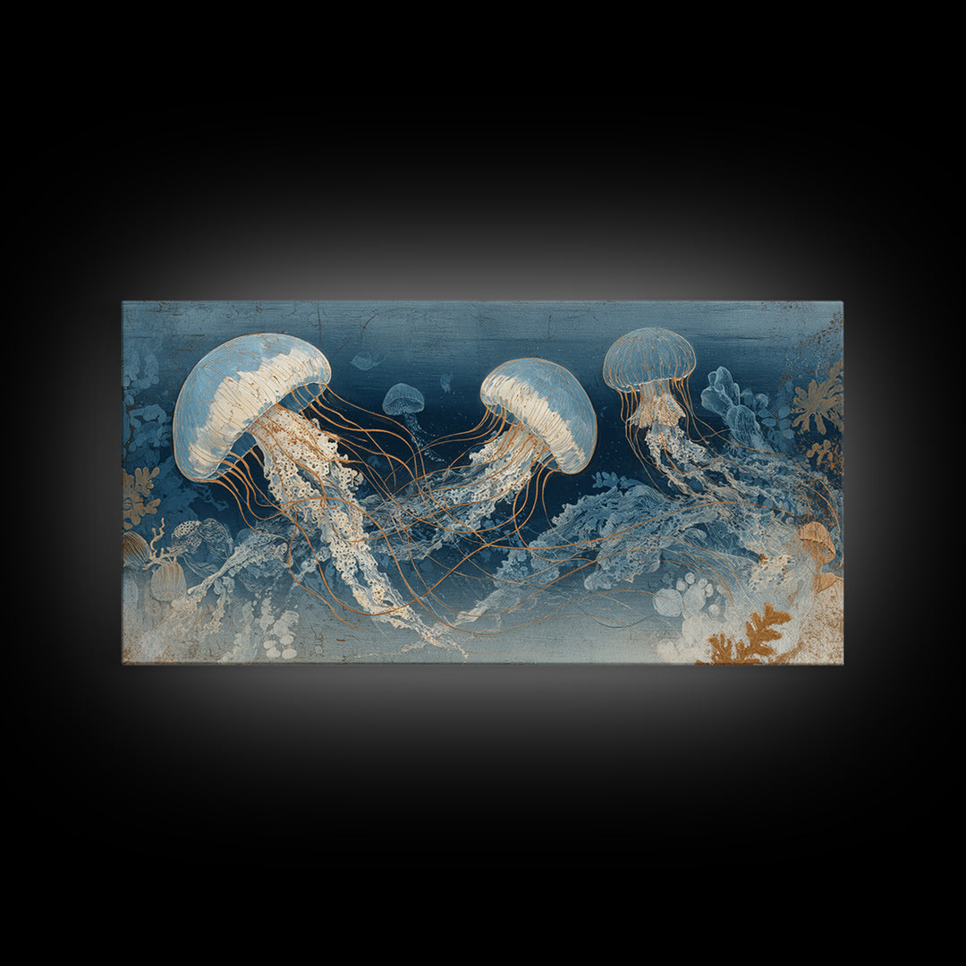 Jellyfish Floating in Luminous Dark Water Canvas Print, Marine Life Art, Art Print, Living Room Decor, Watercolor Art, Marine, MLA-2x1-74