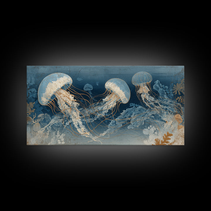 Jellyfish Floating in Luminous Dark Water Canvas Print, Marine Life Art, Art Print, Living Room Decor, Watercolor Art, Marine, MLA-2x1-74
