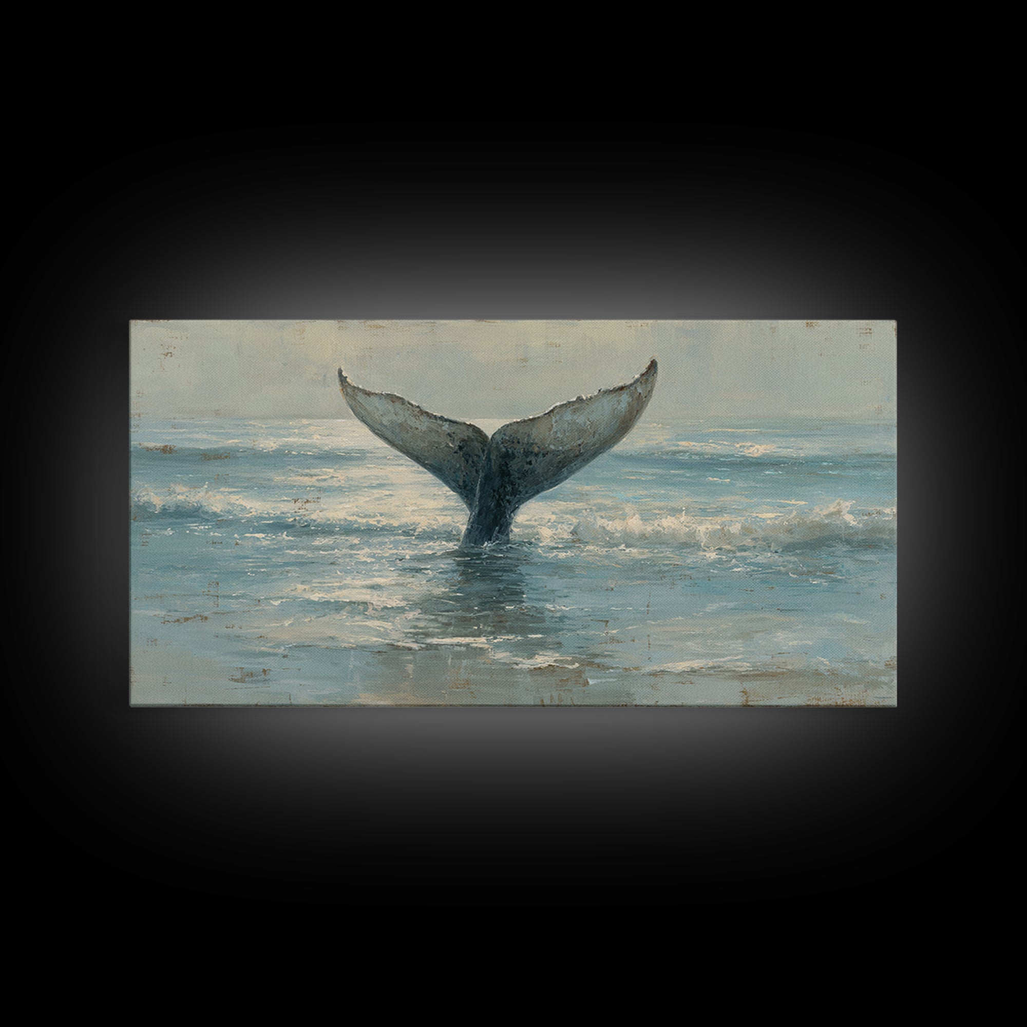 Whale Tail Rising from Misty Ocean Canvas Print, Marine Life Art, Luxury Decor, Living Room Decor, Oil Painting, Marine, MLA-2x1-94