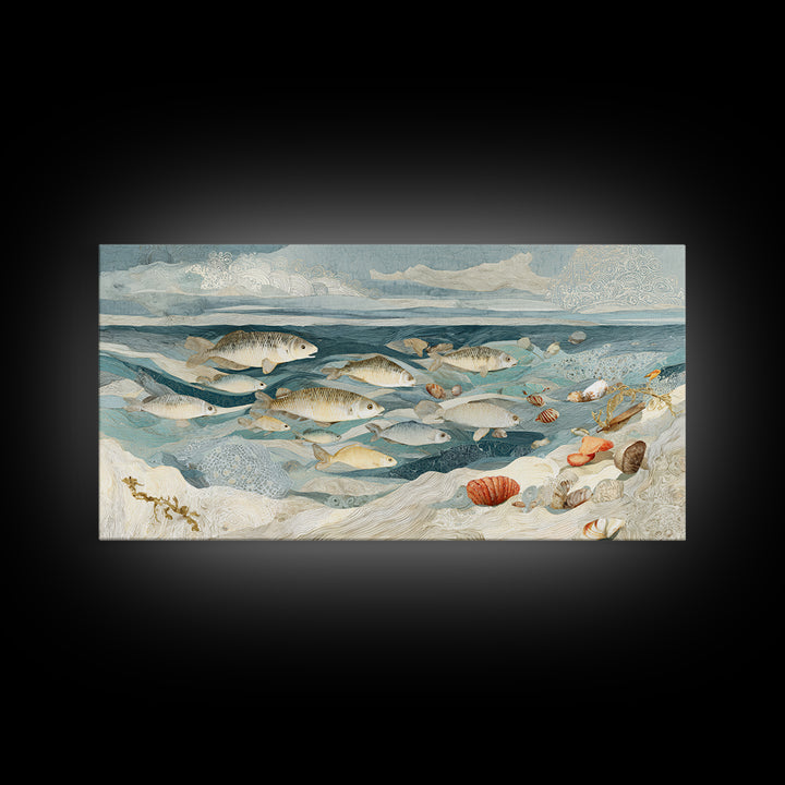 School of Fish Forming a Silver Spiral Framed Canvas Print, Marine Life Art, Ocean Decor, Living Room Decor, Oil Painting, MLA-2x1-96