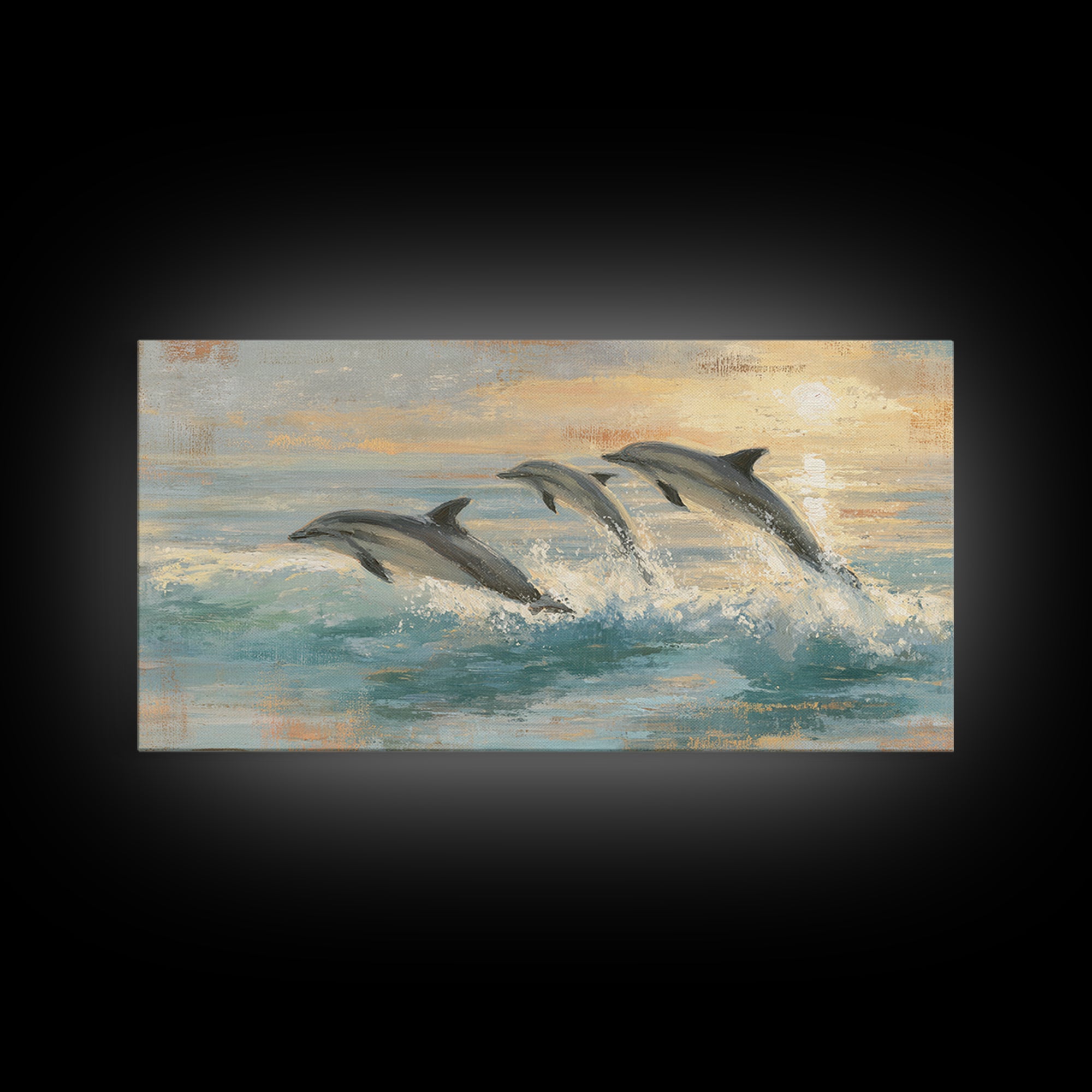 Dolphins Leaping Through Sunlit Waves Framed Canvas Print, Marine Life Art, Coastal Art, Living Room Decor, Fine Art, Marine, MLA-2x1-99