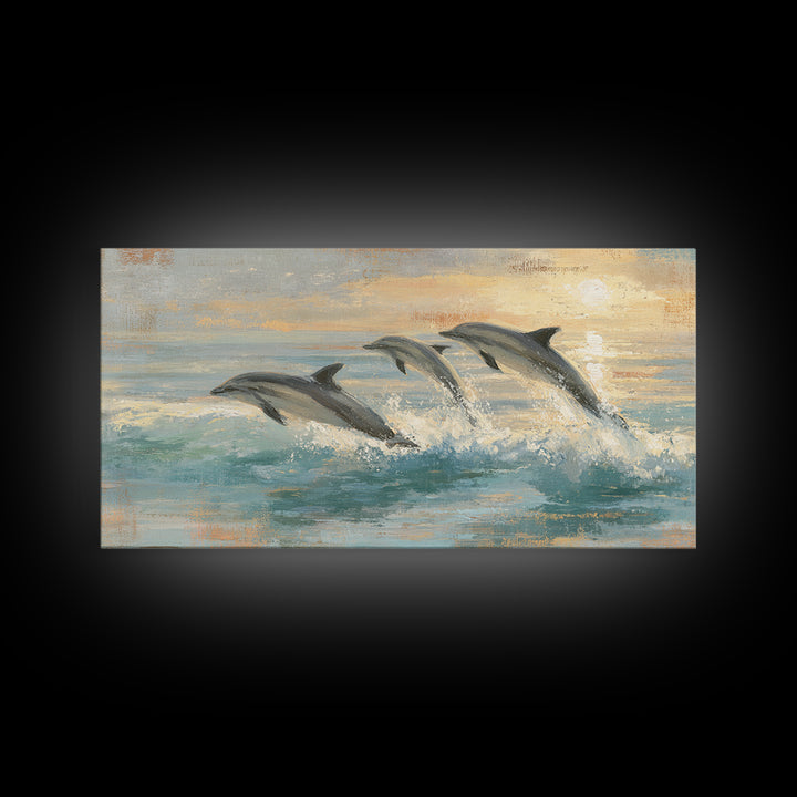 Dolphins Leaping Through Sunlit Waves Framed Canvas Print, Marine Life Art, Coastal Art, Living Room Decor, Fine Art, Marine, MLA-2x1-99