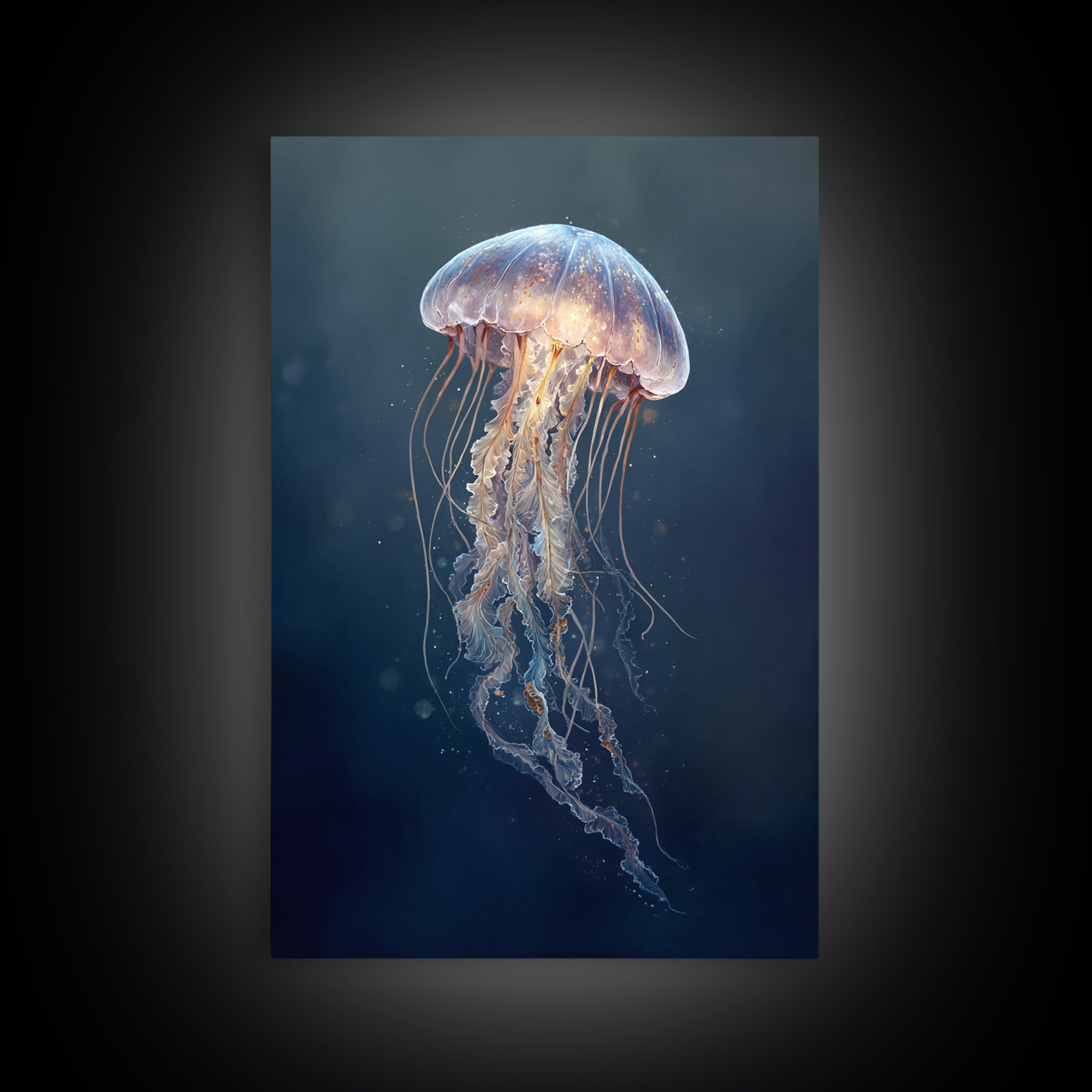 Jellyfish Floating in Luminous Dark Water Canvas Print, Marine Life Art, Handmade Art, Living Room Decor, Oil Painting, Marine, MLA-2x3-14