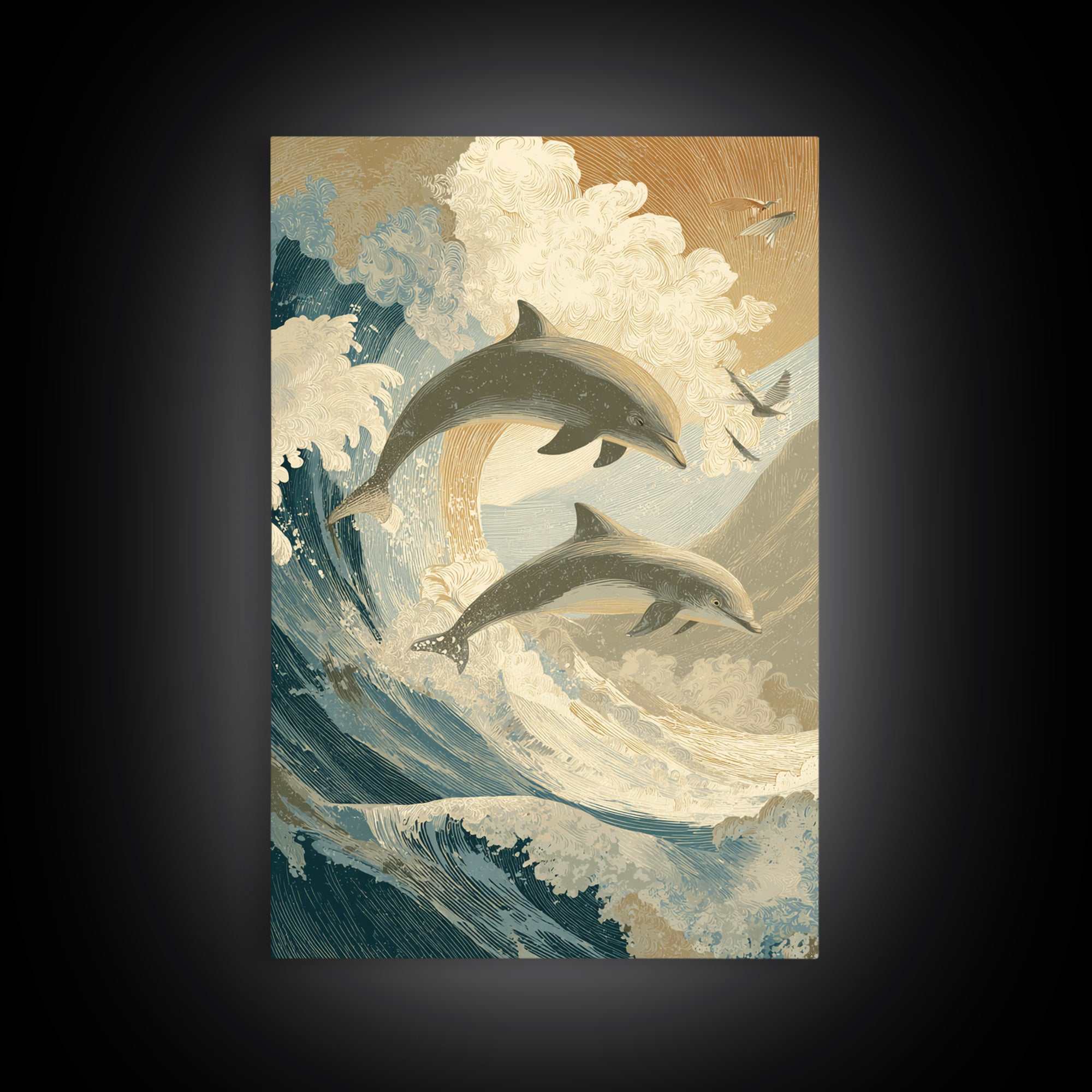Dolphins Leaping Through Sunlit Waves Canvas Print, Marine Life Art, Surf Poster, Living Room Decor, Fine Art, Marine, MLA-2x3-15
