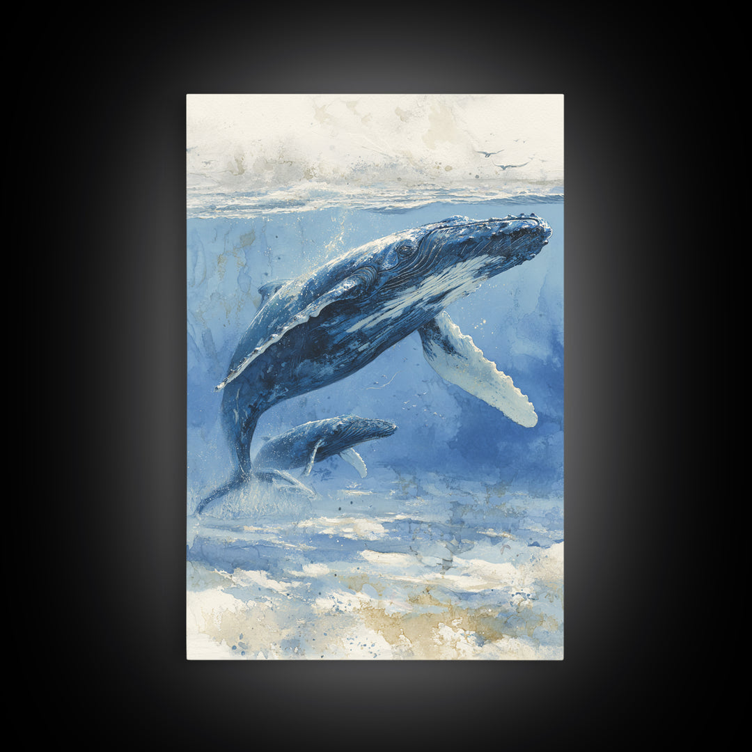 Humpback Whale and Calf Framed Canvas Print, Marine Life Art, Tropical Wall Art, Living Room Decor, Fine Art, Marine, MLA-2x3-26