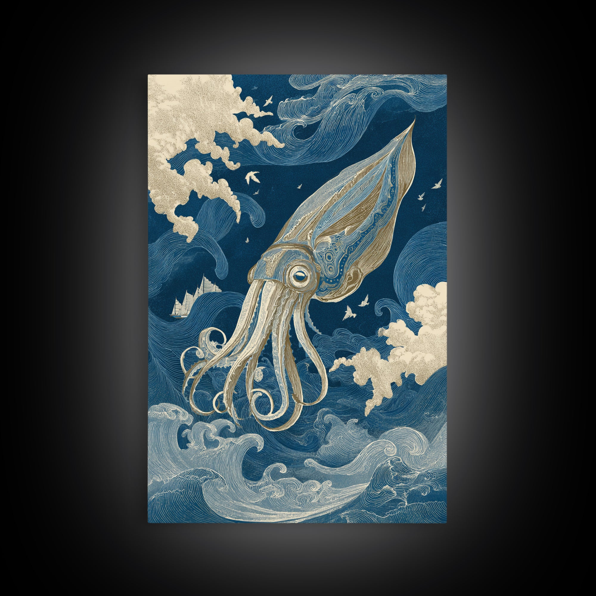 Squid in a Mysterious Midnight Sea Canvas Print, Marine Life Art, Ocean Wall Art, Living Room Decor, Watercolor Art, Marine, MLA-2x3-27