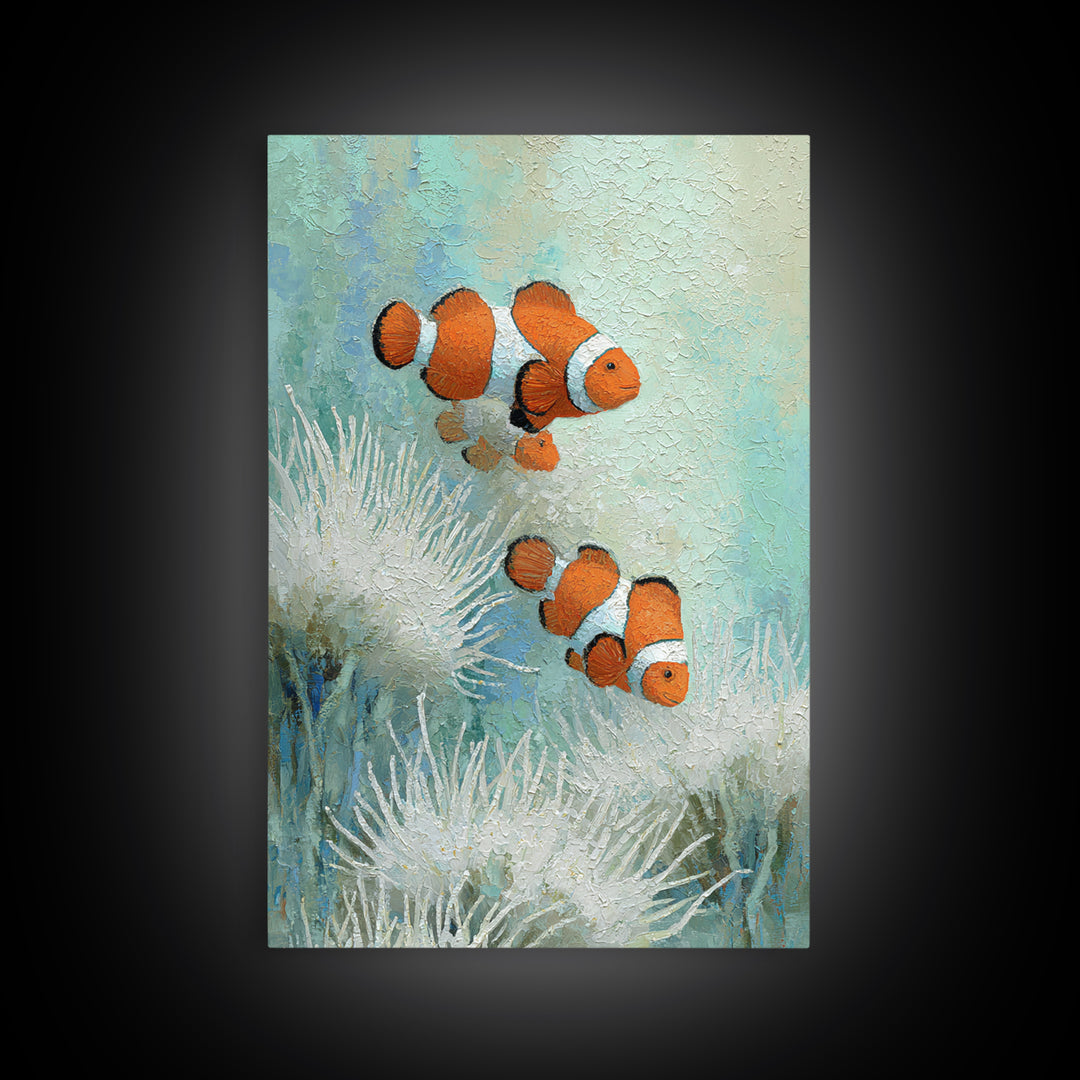 Clownfish Around Anemone Tentacles Framed Canvas Print, Marine Life Art, Textured Painting, Living Room Decor, Fine Art, Marine, MLA-2x3-28