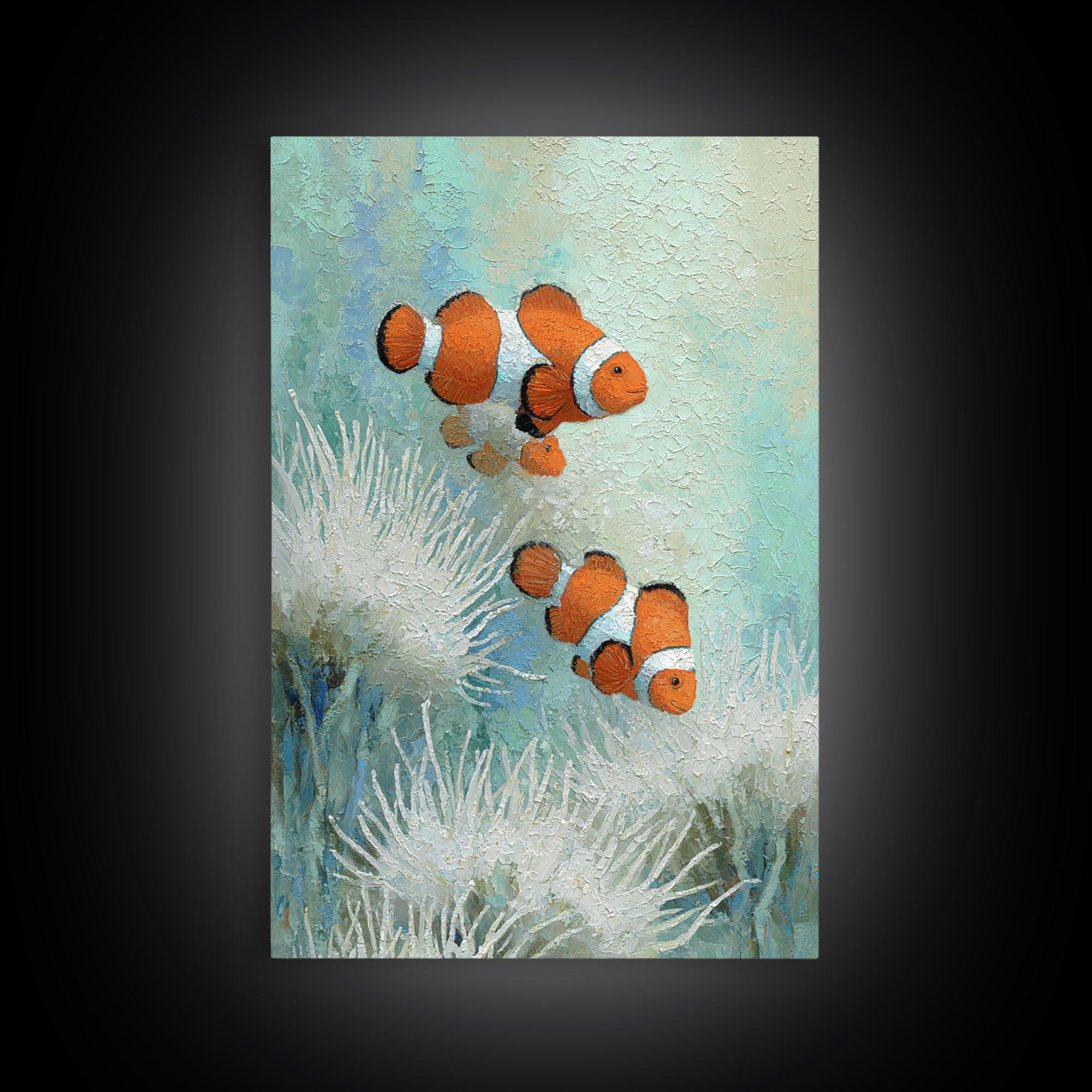 Clownfish Around Anemone Tentacles Framed Canvas Print, Marine Life Art, Textured Painting, Living Room Decor, Fine Art, Marine, MLA-2x3-28