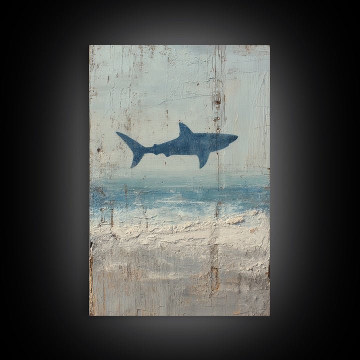 Shark Silhouette in Deep Blue Light Framed Canvas Print, Marine Life Art, Nautical Wall Art, Living Room Decor, Watercolor Art, MLA-2x3-44