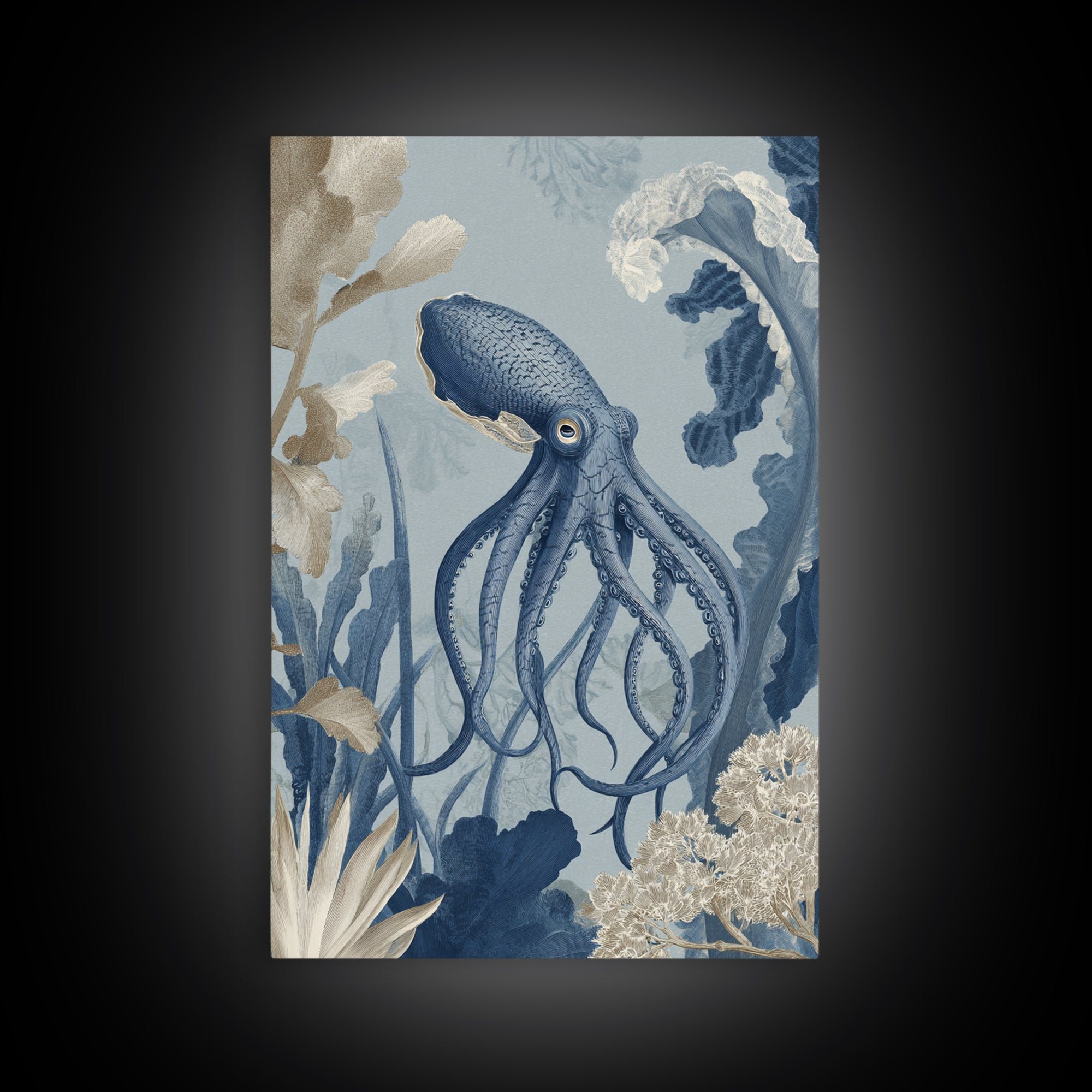 Squid in a Mysterious Midnight Sea Framed Canvas Print, Marine Life Art, Ocean Decor, Living Room Decor, Oil Painting, Marine, MLA-2x3-51
