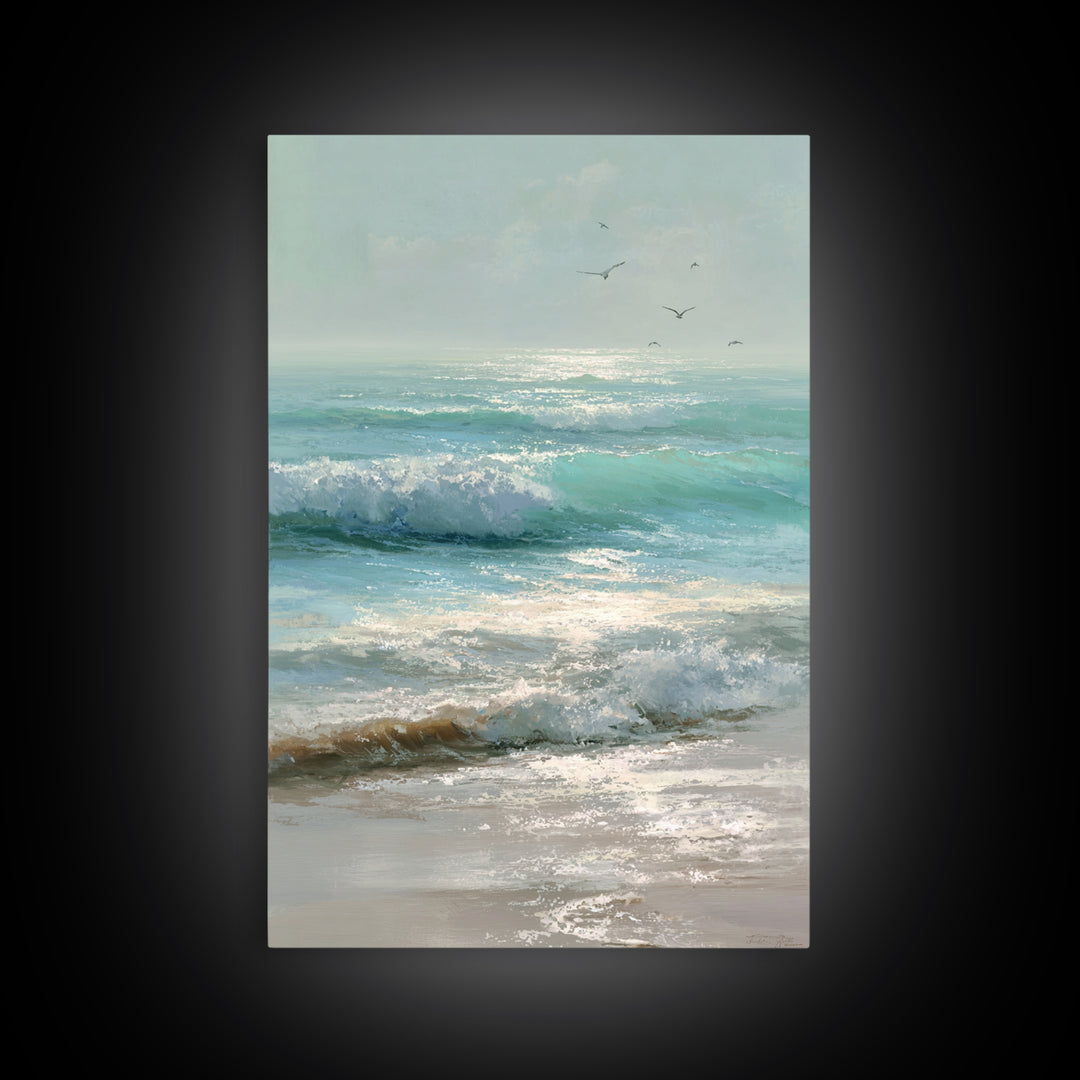 Dolphins Leaping Through Sunlit Waves Framed Canvas Print, Marine Life Art, Ocean Painting, Living Room Decor, Watercolor Art, MLA-2x3-63