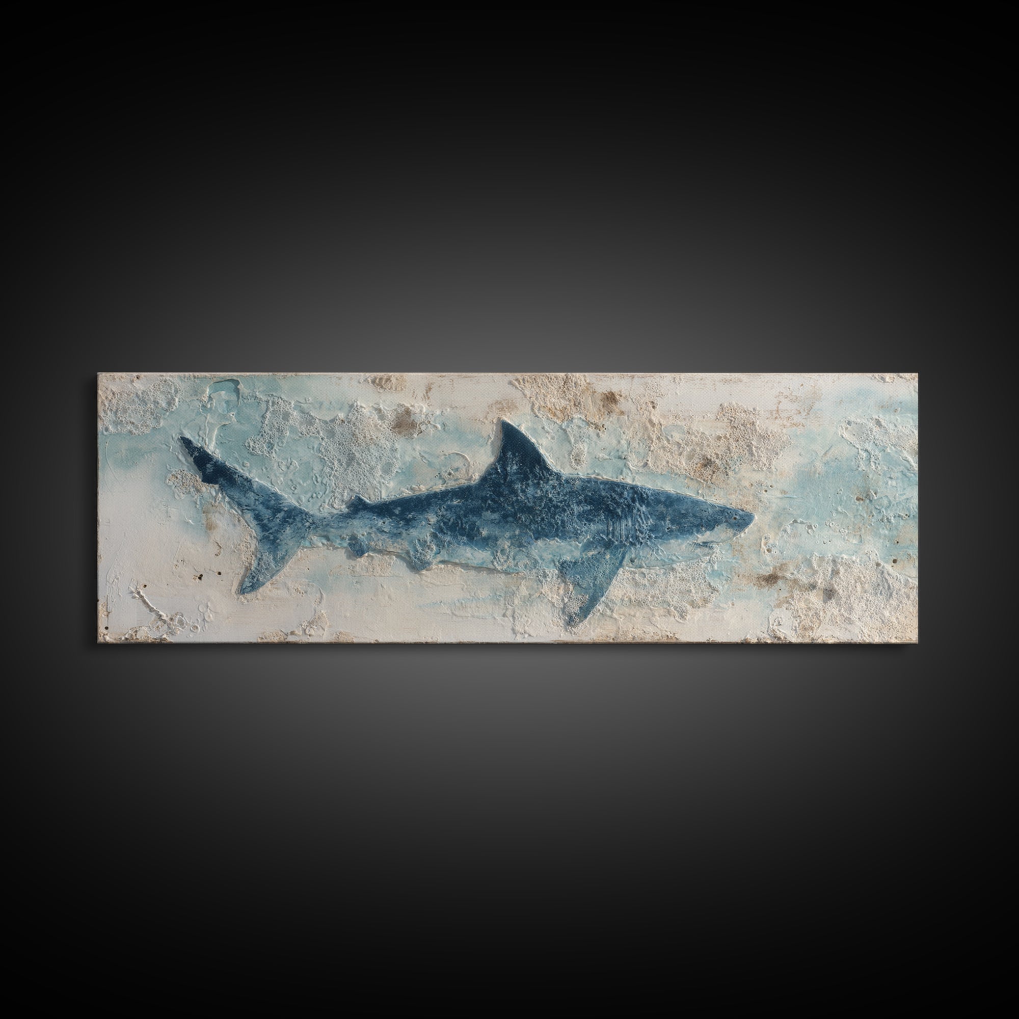 Shark Silhouette in Deep Blue Light Canvas Print, Marine Life Art, Fish Art, Living Room Decor, Abstract Art, Marine, MLA-3x1-100