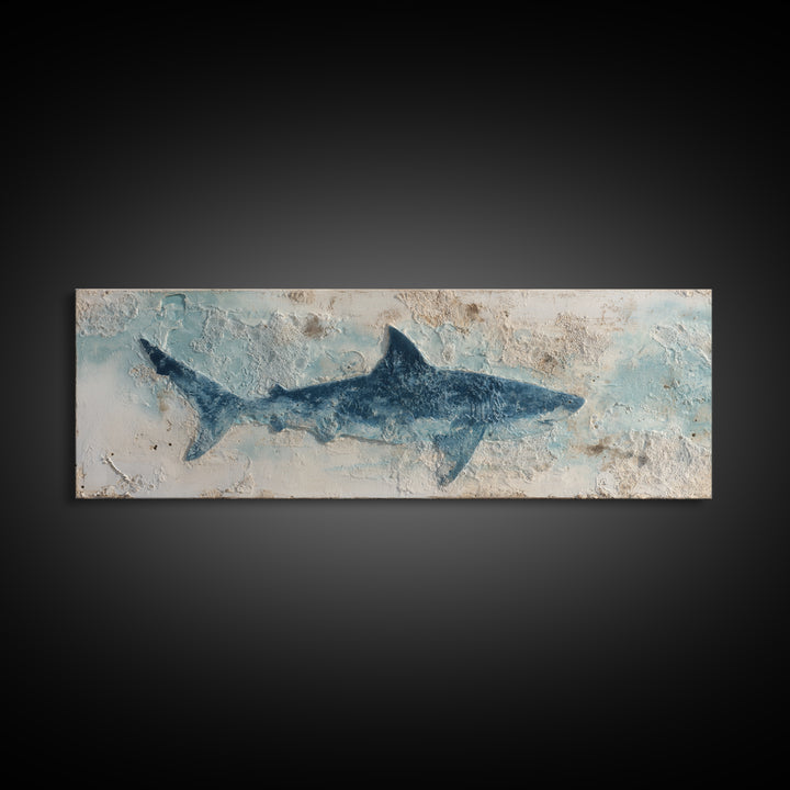 Shark Silhouette in Deep Blue Light Canvas Print, Marine Life Art, Fish Art, Living Room Decor, Abstract Art, Marine, MLA-3x1-100