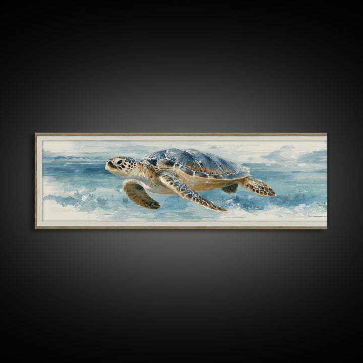 Sea Turtle Gliding Through Clear Blue Water Framed Canvas Print, Marine Life Art, Watercolor Art, Living Room Decor, Marine, MLA-3x1-17