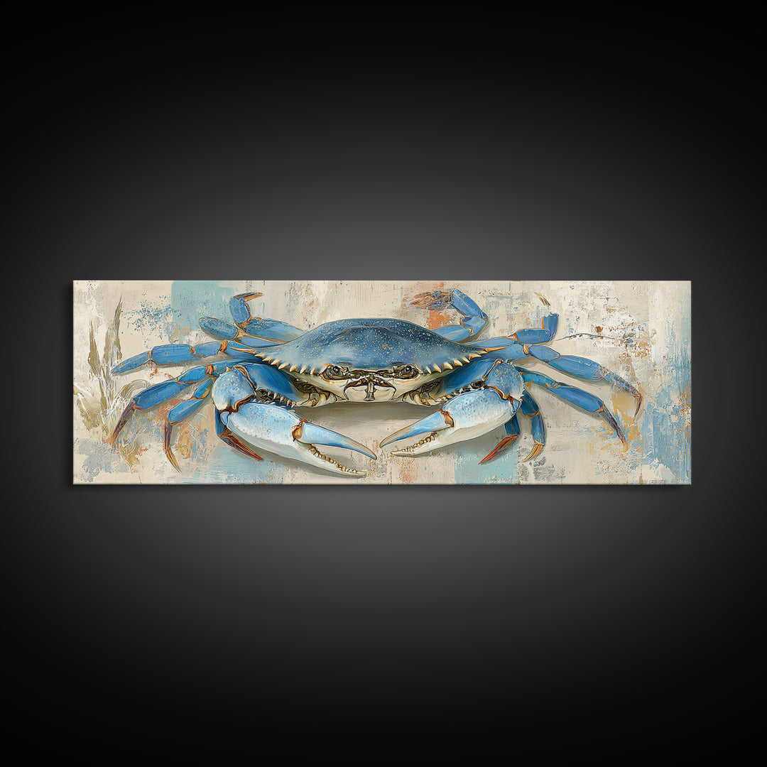 Blue Crab with Painterly Shell Texture Framed Canvas Print, Marine Life Art, Room Decor, Living Room Decor, Fine Art, Marine, MLA-3x1-2