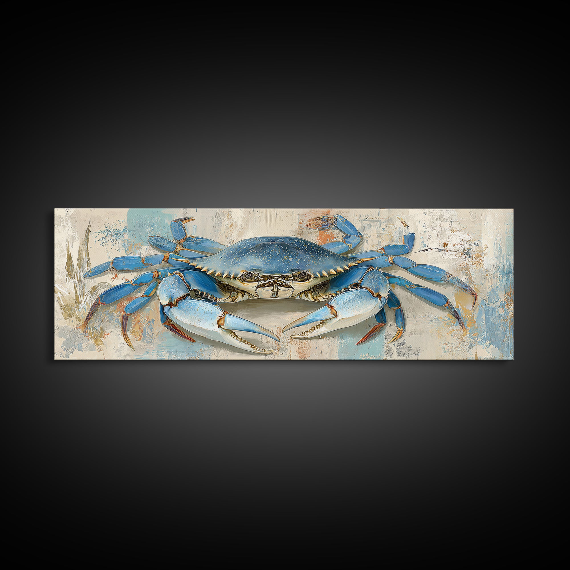Blue Crab with Painterly Shell Texture Framed Canvas Print, Marine Life Art, Room Decor, Living Room Decor, Fine Art, Marine, MLA-3x1-2