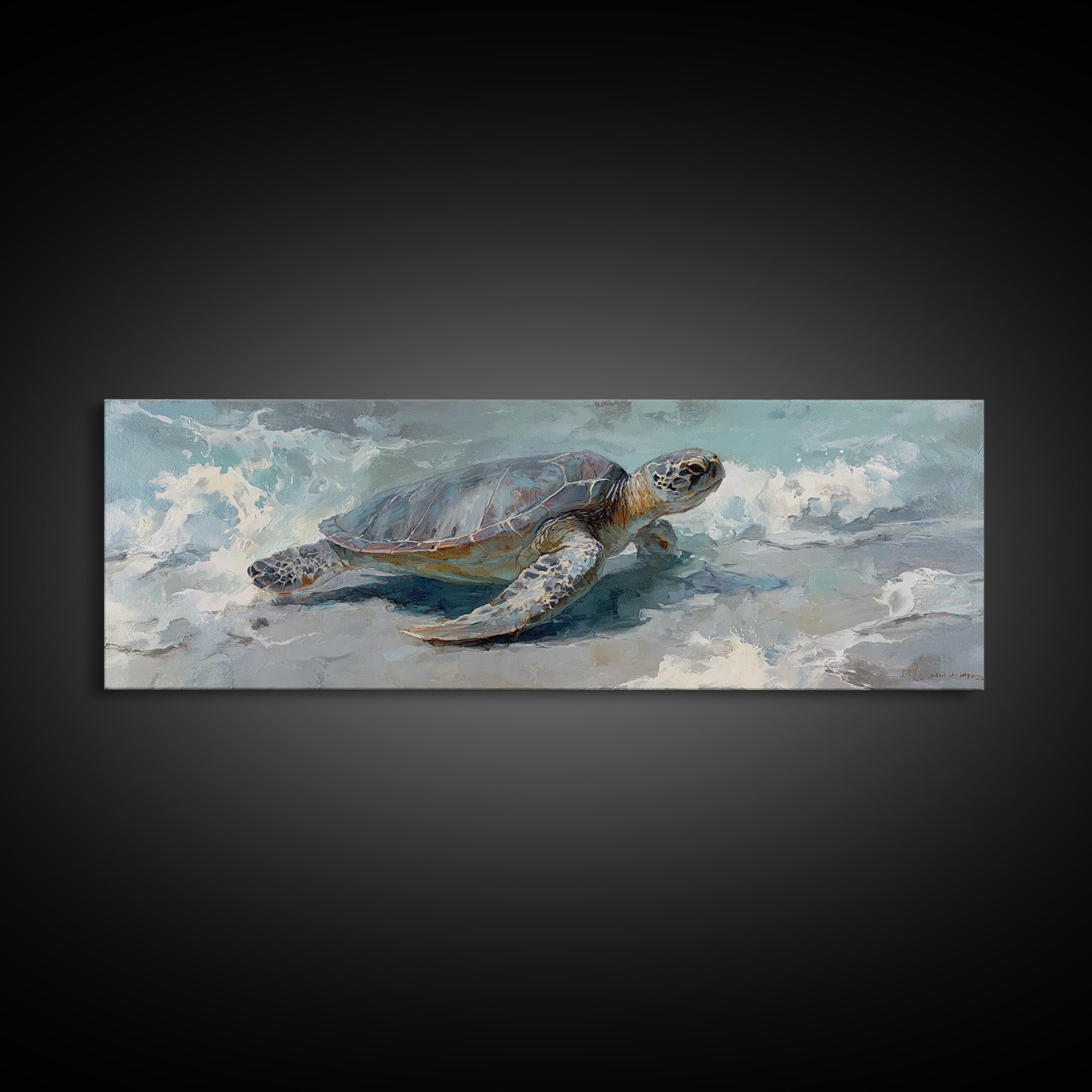 Bioluminescent Plankton Around Swimming Turtle Canvas Print, Marine Life Art, Handmade Art, Living Room Decor, Fine Art, Marine, MLA-3x1-40