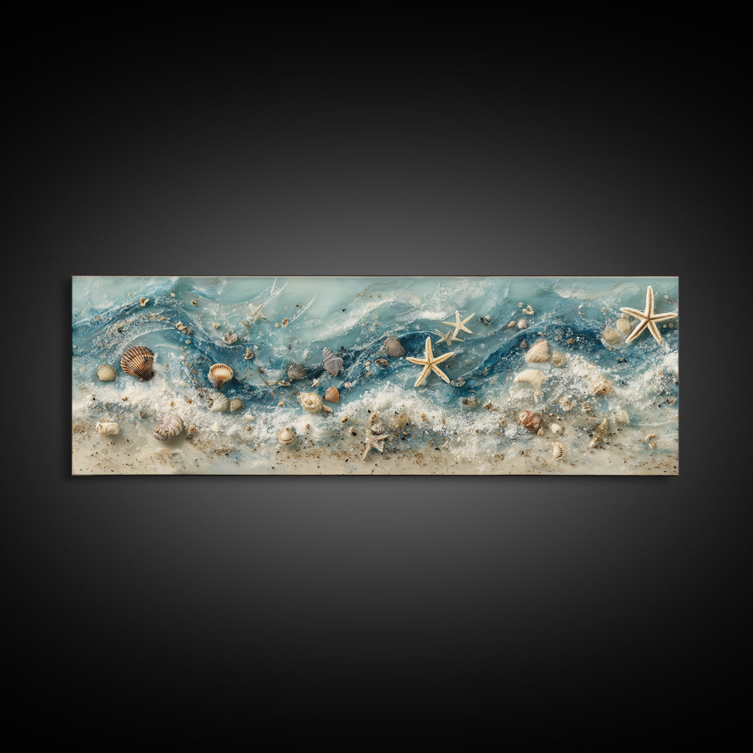 Starfish and Shells Natural Specimen Layout Framed Canvas Print, Marine Life Art, Coastal Art, Living Room Decor, Marine, MLA-3x1-53