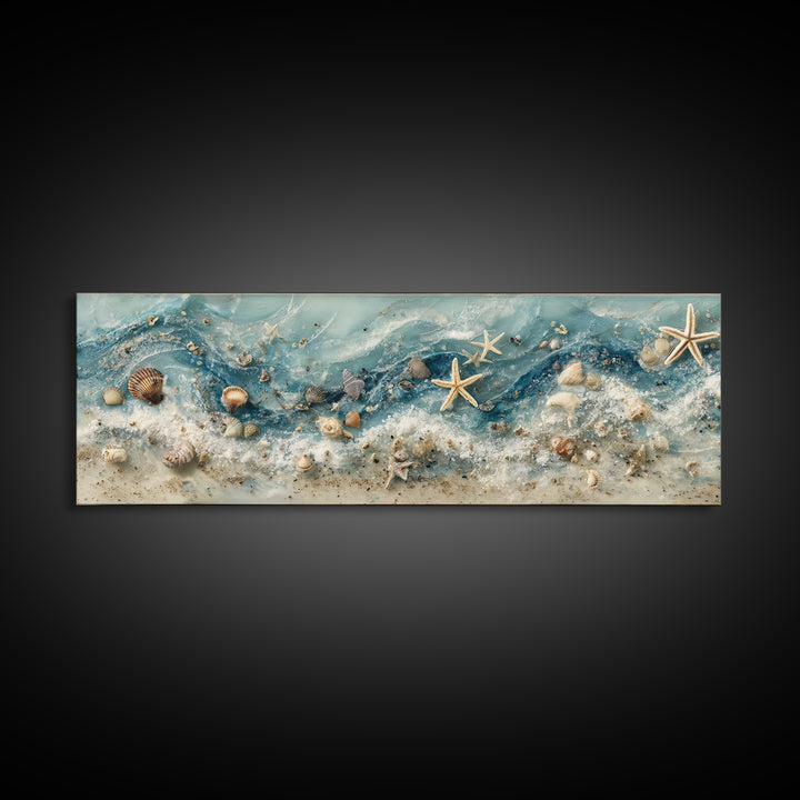 Starfish and Shells Natural Specimen Layout Framed Canvas Print, Marine Life Art, Coastal Art, Living Room Decor, Marine, MLA-3x1-53
