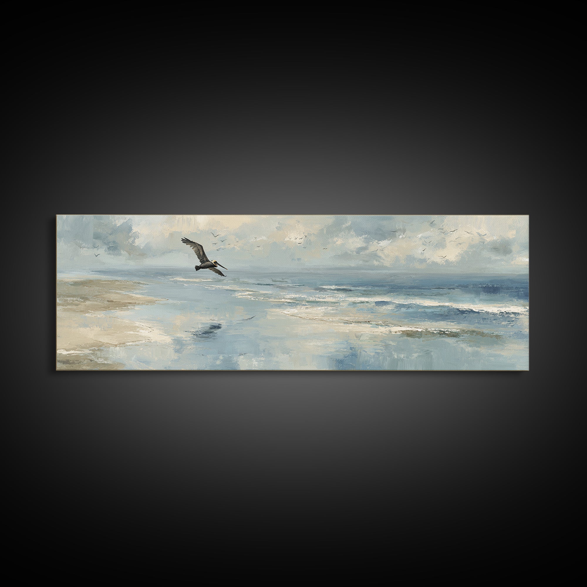 Pelican Diving Toward Fish Near Surface Framed Canvas Print, Marine Life Art, Neutral Decor, Living Room Decor, Marine, MLA-3x1-63