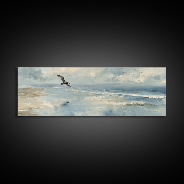 Pelican Diving Toward Fish Near Surface Framed Canvas Print, Marine Life Art, Neutral Decor, Living Room Decor, Marine, MLA-3x1-63